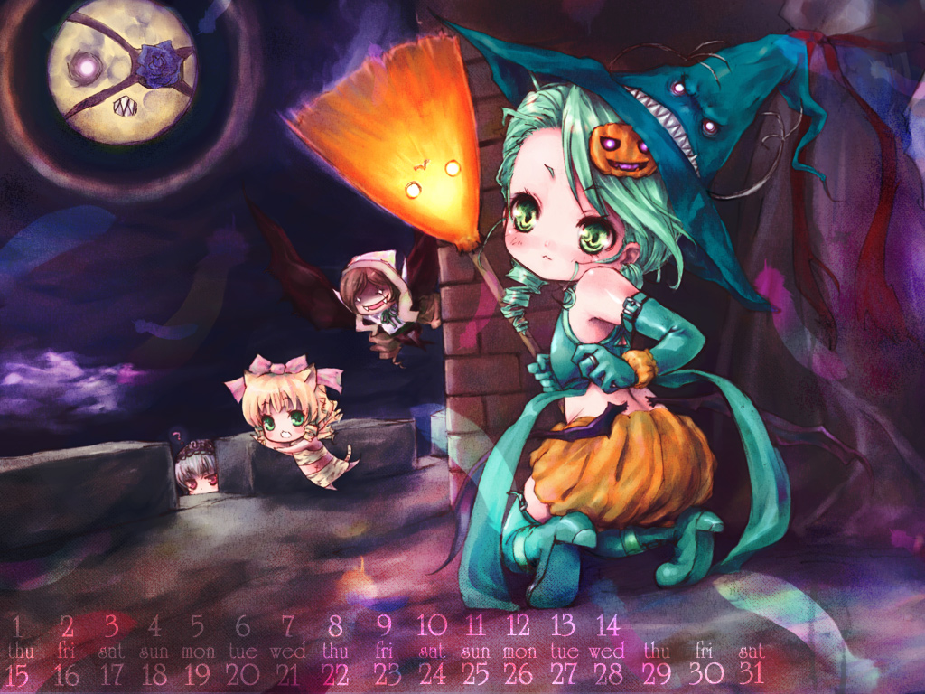 pokomi, barasuishou, hinaichigo, kanaria, suigintou, suiseiseki, rozen maiden, 4girls, blonde hair, bow, broom, bubble skirt, calendar, cosplay, eyepatch, flower, food-themed hair ornament, hair ornament, halloween, hat, jack-o'-lantern, looking at viewer, looking back, moon, multiple girls, o o, orange skirt, pink bow, pumpkin, pumpkin hair ornament, purple rose, rose, skirt