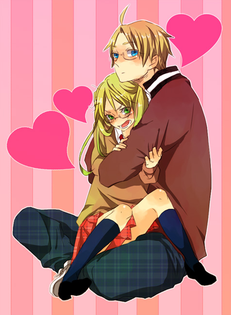ichiji, america (hetalia), united kingdom (female) (hetalia), united kingdom (hetalia), axis powers hetalia, plaid, gender request, 00s, 1boy, 1girl, blonde hair, blue eyes, blush, couple, genderswap, glasses, green eyes, heart, height difference, hetero, hug, hug from behind, jacket, necktie, short twintails, sitting, sitting on lap, sitting on person, size difference, skirt, socks, sweater, tsundere, twintails
