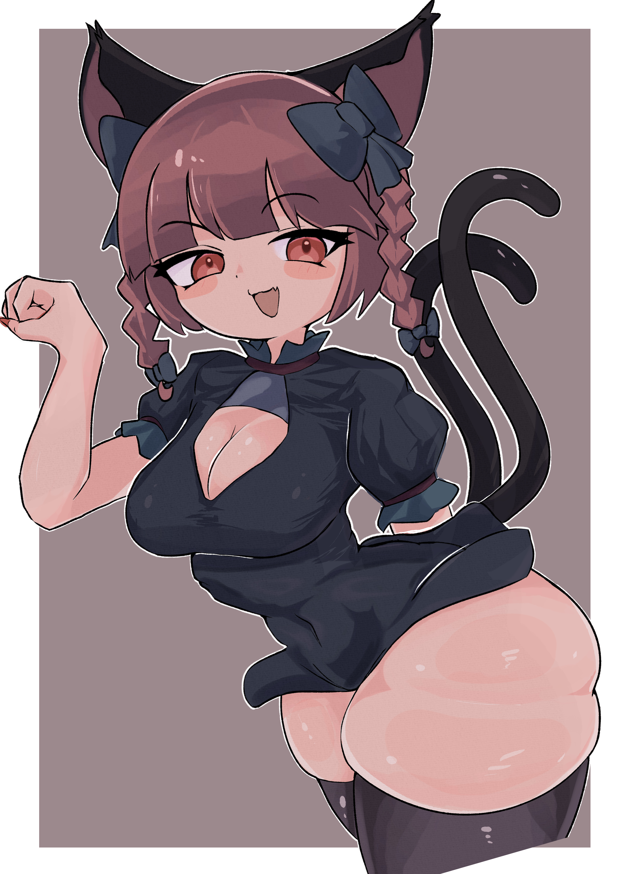 comargian, kaenbyou rin, touhou, absurdres, commentary request, highres, 1girl, animal ears, black bow, black dress, black thighhighs, blush, border, bow, braid, breasts, cat ears, cat girl, cat tail, cleavage, cleavage cutout, clothing cutout, covered navel, curvy, dress, fang, hair bow, large breasts, looking at viewer, multiple tails, open mouth, red eyes, red hair, short hair, short sleeves, side braids, skin fang, skindentation, solo, tail, thighhighs, twin braids, two tails, white border