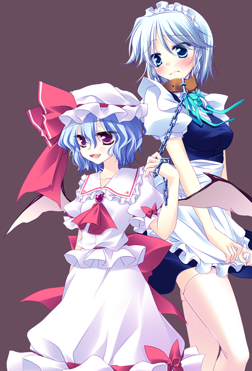 motomiya mitsuki, izayoi sakuya, remilia scarlet, touhou, 2girls, apron, bat wings, blue eyes, blue hair, blush, braid, chain, collar, female focus, hat, multiple girls, red eyes, thighhighs, twin braids, wings