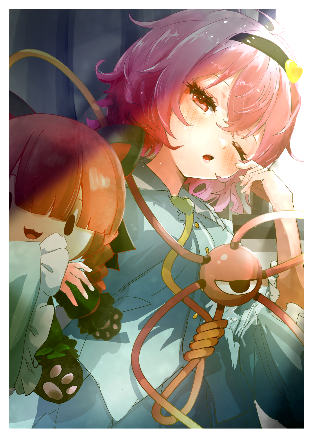 nanahana nanana, kaenbyou rin, komeiji satori, touhou, commentary request, highres, 1girl, black hairband, blue shirt, blush, doll, hairband, heart, holding, holding doll, indoors, light rays, long sleeves, looking at viewer, open mouth, pink eyes, pink hair, shirt, short hair, solo, third eye, wide sleeves