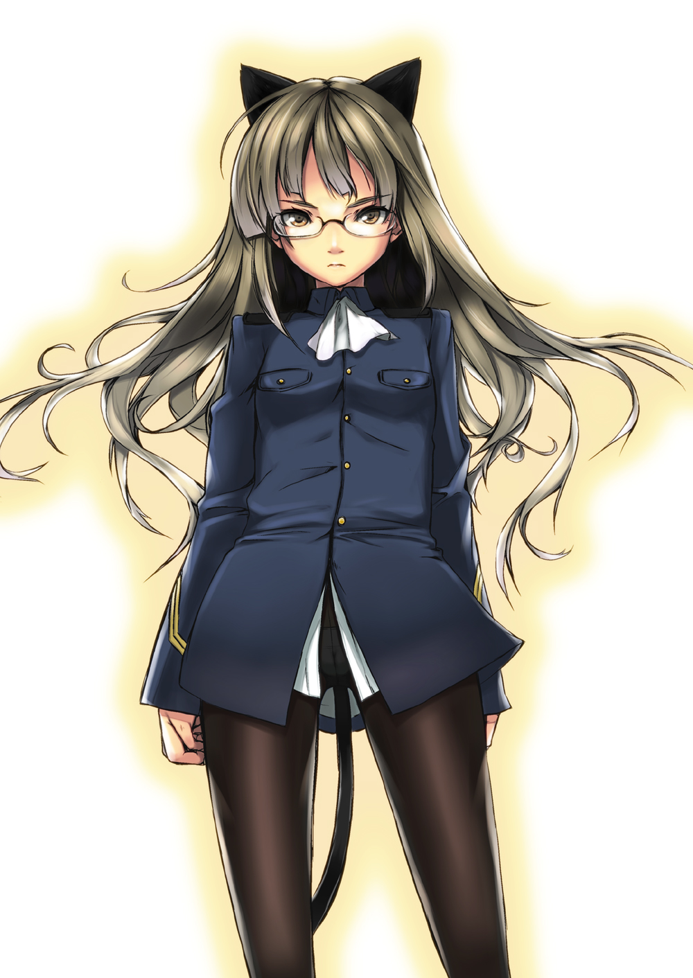 takenaka hideo, perrine h. clostermann, strike witches, world witches series, uniform, highres, 00s, 1girl, animal ears, blonde hair, brown eyes, cat ears, cat tail, crotch seam, female focus, glasses, long hair, panties, panties under pantyhose, pantyhose, solo, tail, underwear