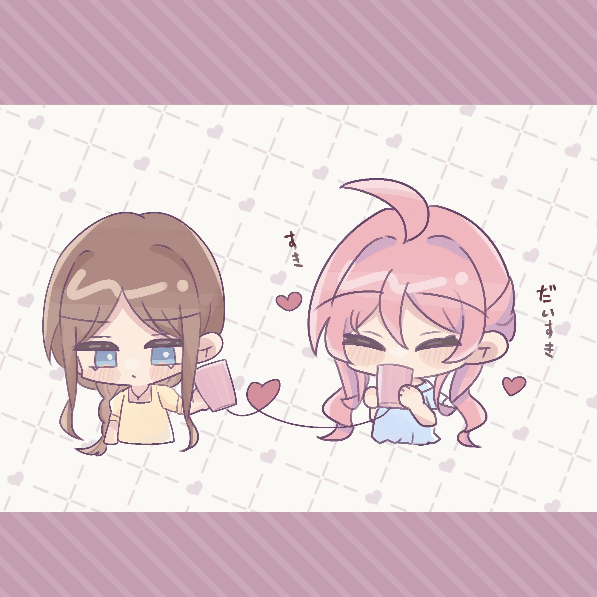 akiha (sa31523), chihaya anon, nagasaki soyo, bang dream!, bang dream! it's mygo!!!!!, commentary, highres, translated, 2girls, blue eyes, blue shirt, brown hair, chibi, chibi only, heart, logo, multiple girls, pink hair, shirt, string phone, twintails, yellow shirt, yuri