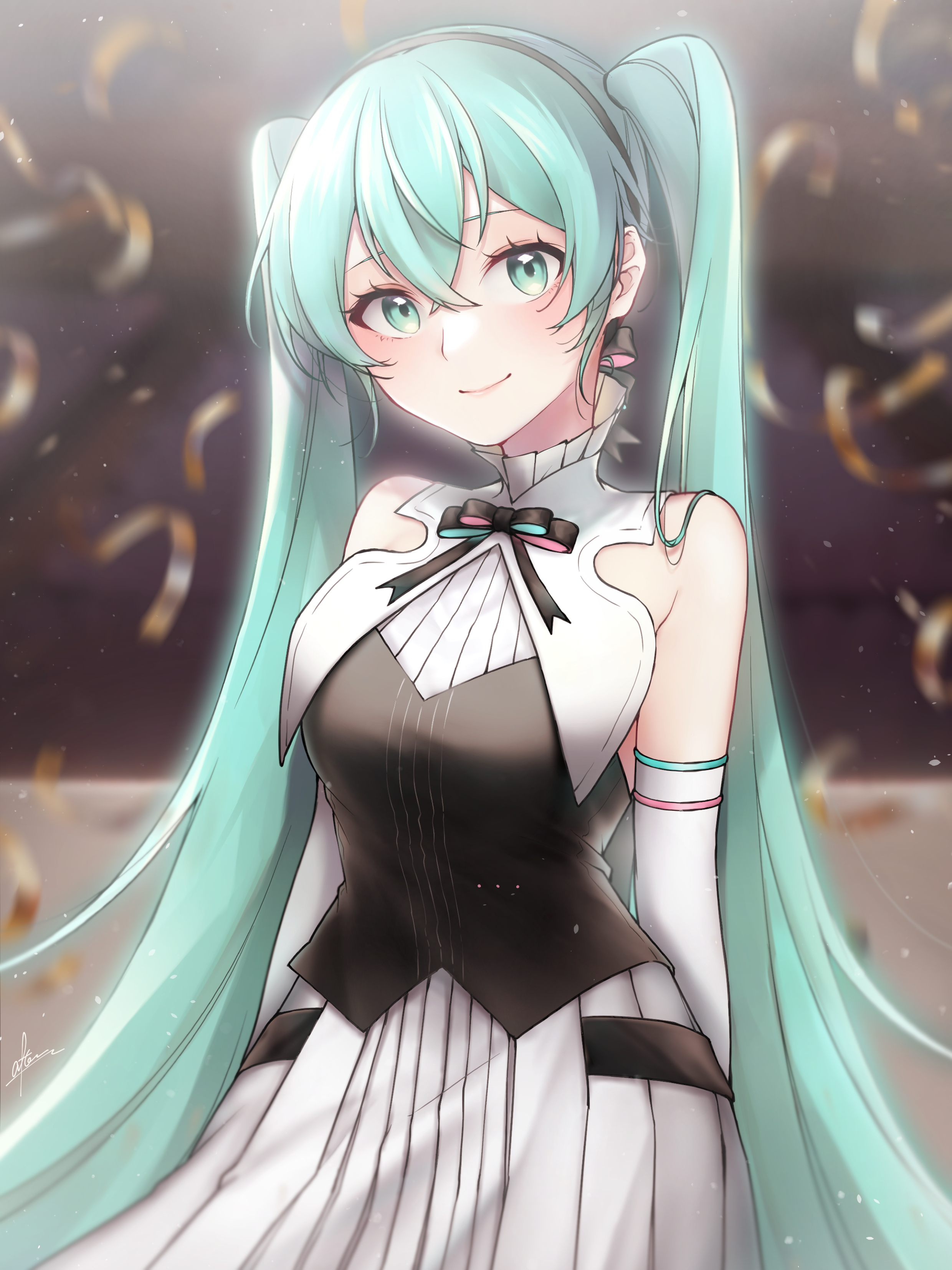 after0217, hatsune miku, miku symphony (vocaloid), vocaloid, absurdres, commentary request, highres, 1girl, aqua eyes, aqua hair, arms behind back, black ribbon, blush, bow, breasts, chair, closed mouth, collar, dress, elbow gloves, frilled skirt, frills, gloves, hair ornament, long hair, long skirt, looking at viewer, ribbon, skirt, sleeveless, sleeveless dress, smile, twintails, upper body, very long hair, white collar, white gloves, white skirt