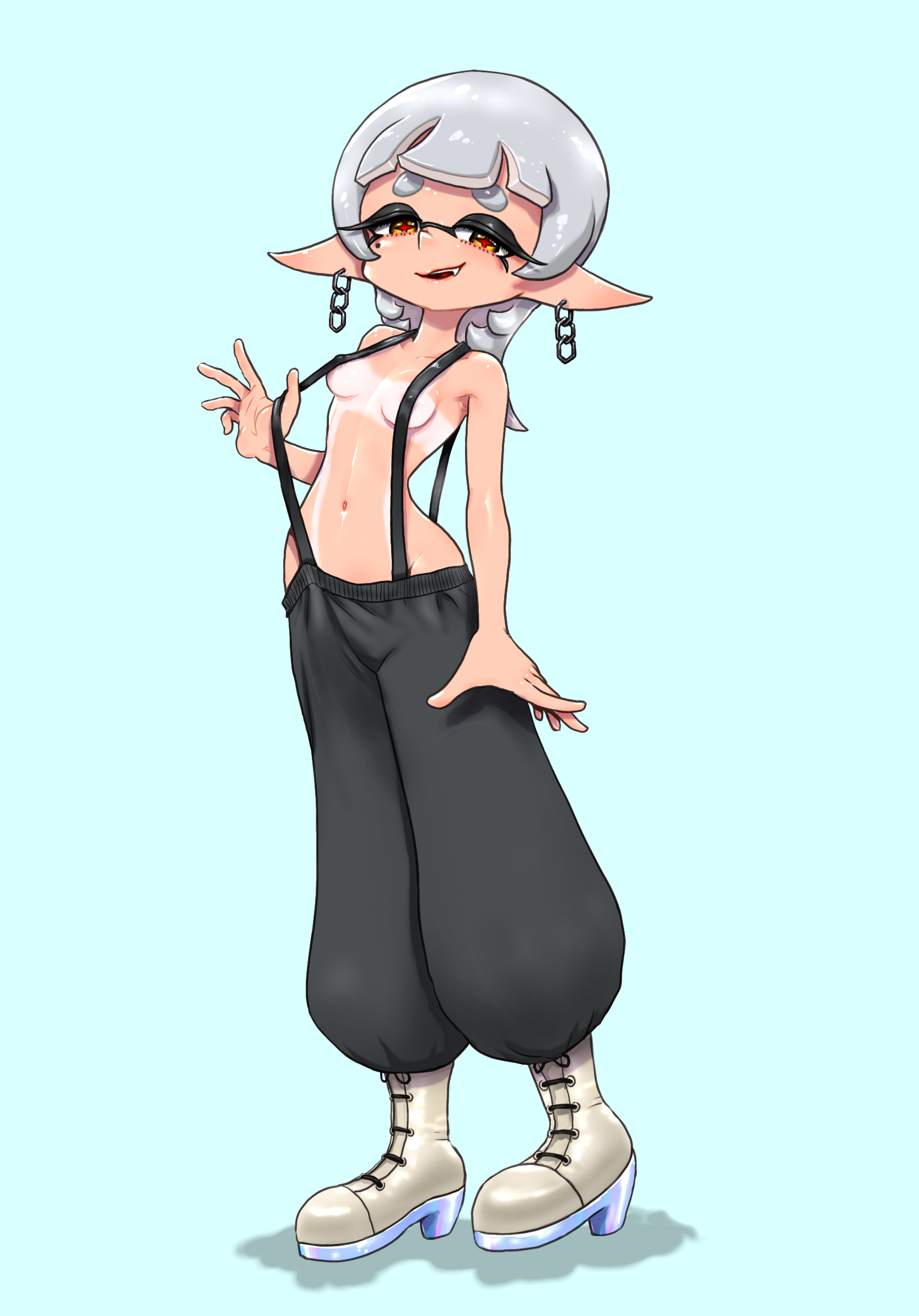 koharu2.5, marie (splatoon), nintendo, splatoon (series), commentary request, highres, 1girl, arm at side, blue background, boots, breasts, brown boots, chain, chain earrings, covered erect nipples, full body, groin, high heel boots, high heels, inkling, long hair, long pointy ears, looking at viewer, mole, mole on cheek, navel, pants, pants tucked in, pointy ears, red pupils, small breasts, smile, solo, standing, star-shaped pupils, star (symbol), strap lift, suspender pants, symbol-shaped pupils, tan, tanline, tentacle hair, topless female, yellow eyes