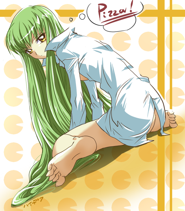 makisige, c.c., code geass, 00s, 1girl, ass, barefoot, bottomless, dress shirt, english text, feet, female focus, food, green hair, long hair, no panties, pizza, shirt, solo, yellow eyes