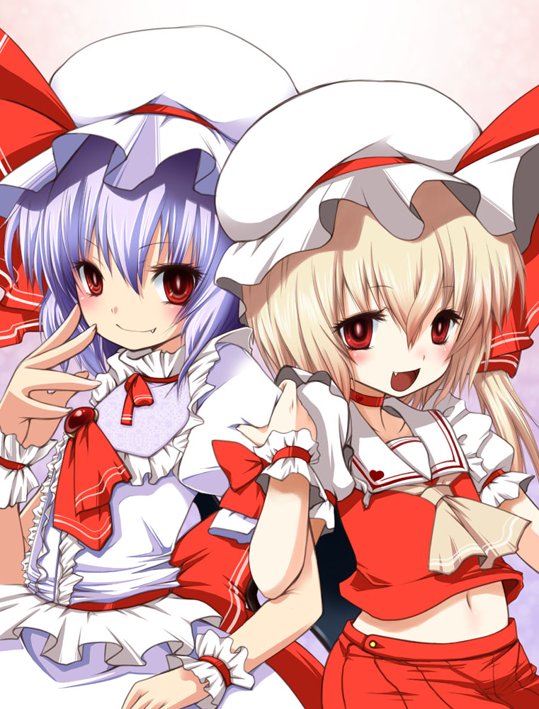 fujisaki hikari, flandre scarlet, remilia scarlet, touhou, 2girls, blonde hair, blue hair, fang, female focus, hat, midriff, multiple girls, ponytail, red eyes, short hair, siblings, side ponytail, sisters
