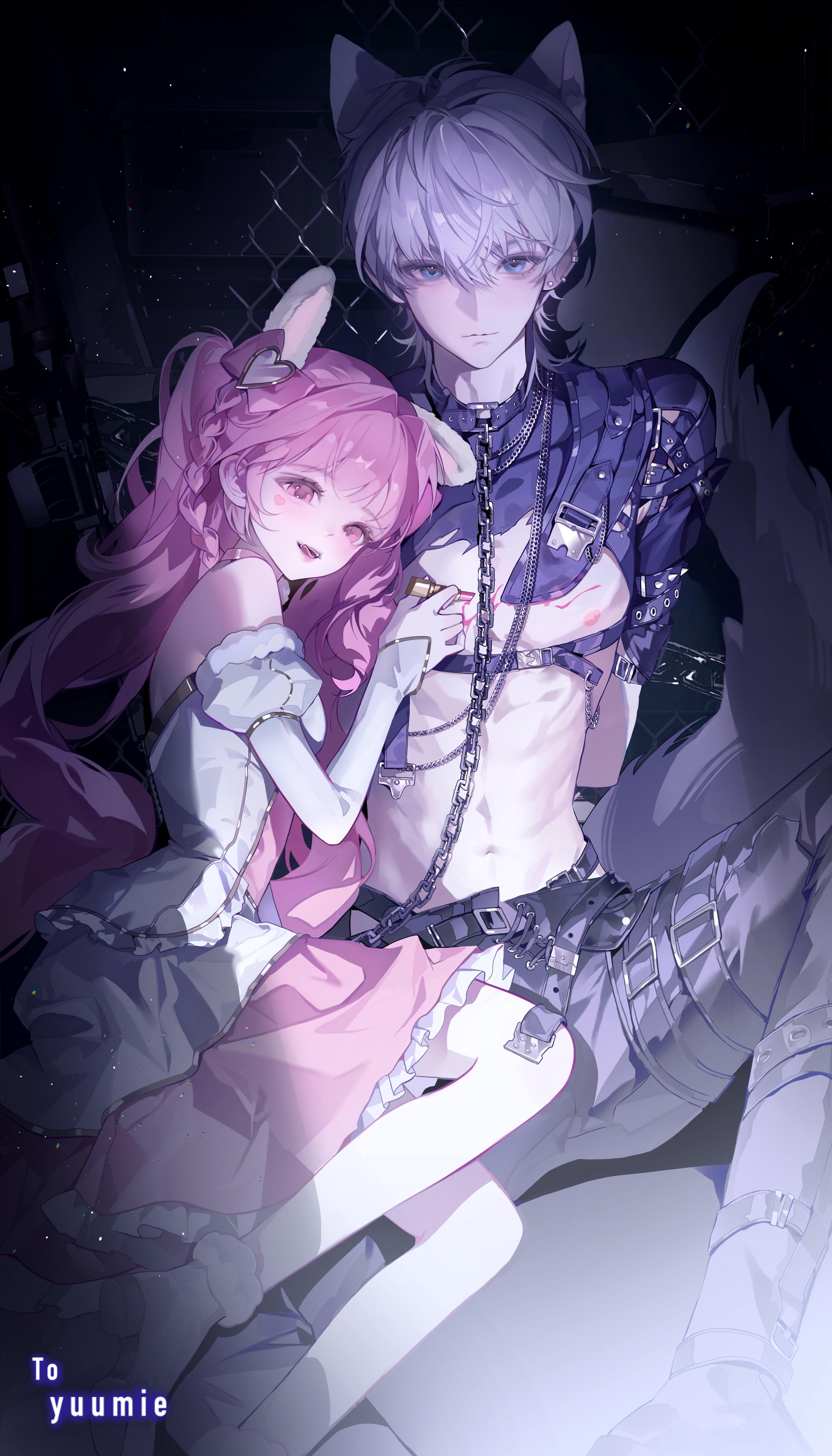 xavier (love and deepspace), love and deepspace, original, absurdres, highres, 1boy, 1girl, :d, animal ears, ankle boots, arms behind back, assertive female, belt, blue collar, blue eyes, blue shirt, blunt bangs, boots, bound, bound arms, bow, braid, chain, chain-link fence, chain leash, chest harness, closed mouth, collar, cosmetics, dog ears, dog tail, dress, expressionless, facial mark, feet out of frame, fence, frilled dress, frills, fur-trimmed boots, fur trim, grey hair, grey pants, hair between eyes, hair bow, hair intakes, hair ornament, harness, heart, heart facial mark, heart hair ornament, hetero, holding, holding lipstick tube, juliet sleeves, leaning on person, leash, licking lips, light particles, lipstick tube, lipstick writing, long hair, long sleeves, looking at viewer, midriff, nipples, oc x canon, off-shoulder dress, off shoulder, on ground, open mouth, pants, pink bow, pink dress, pink eyes, pink hair, pink lips, puffy sleeves, rabbit ears, searchlight, shirt, short dress, short hair, short sleeves, side braids, smile, spread legs, tail, thigh belt, thigh strap, tongue, tongue out, torn clothes, torn shirt, twintails, two-tone dress, wavy hair, white boots, white dress, yurki