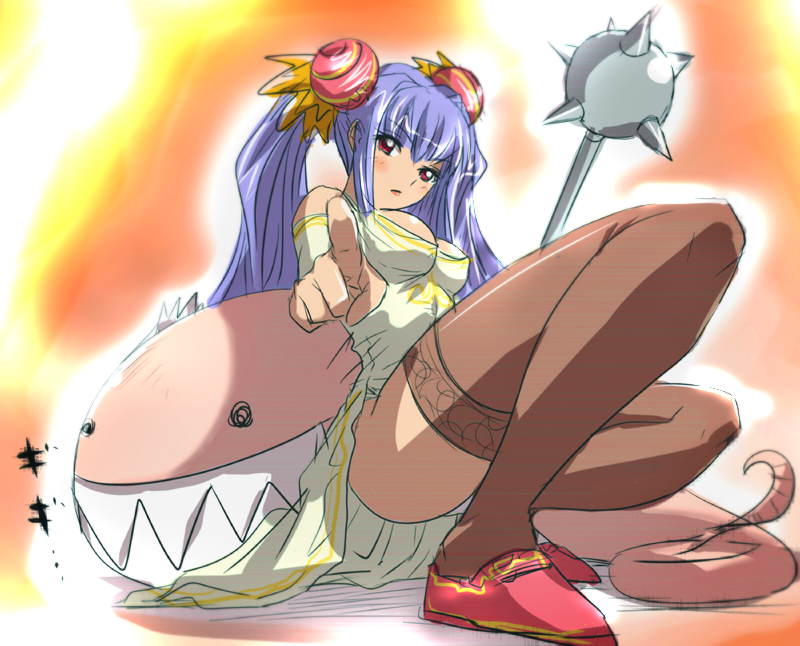 makisige, original, 1girl, blue hair, breasts, bun cover, china dress, chinese clothes, cleavage, double bun, dress, female focus, hair bun, large breasts, legs, mace, pointing, red eyes, solo, thighhighs, weapon