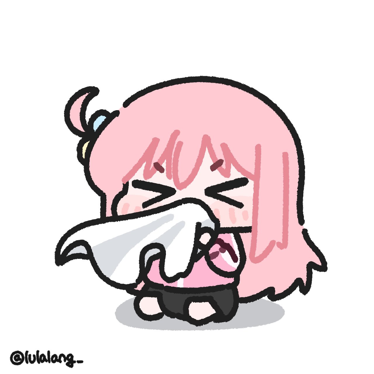 lulalang, gotoh hitori, bocchi the rock!, commentary, highres, symbol-only commentary, > <, 1girl, black skirt, blowing nose, chibi, chibi only, closed eyes, facing viewer, full body, holding tissue, jacket, long hair, one side up, pink hair, pink jacket, simple background, sitting, skirt, solo, white background