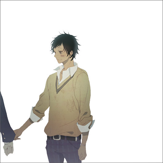 yoko (babyrain322), spain (hetalia), axis powers hetalia, 00s, 1boy, black hair, blush, dark-skinned male, dark skin, male focus, school uniform, simple background, solo, sweater, white background