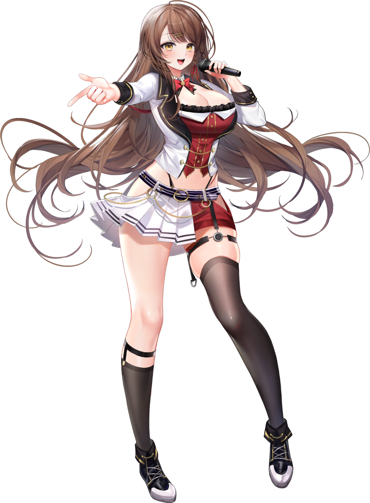 ark re:code, game cg, highres, non-web source, official art, 1girl, bare hips, bow, bowtie, breasts, brown hair, cleavage, clothing cutout, full body, half-skirt, happy, hip vent, holding, holding microphone, idol, idol clothes, kneehighs, long hair, long sleeves, looking at viewer, microphone, midriff, miniskirt, open mouth, pleated skirt, pointing, short shorts, shorts, single kneehigh, single sock, single thighhigh, skirt, socks, solo, tachi-e, thighhighs, transparent background, very long hair, wireless microphone, yellow eyes