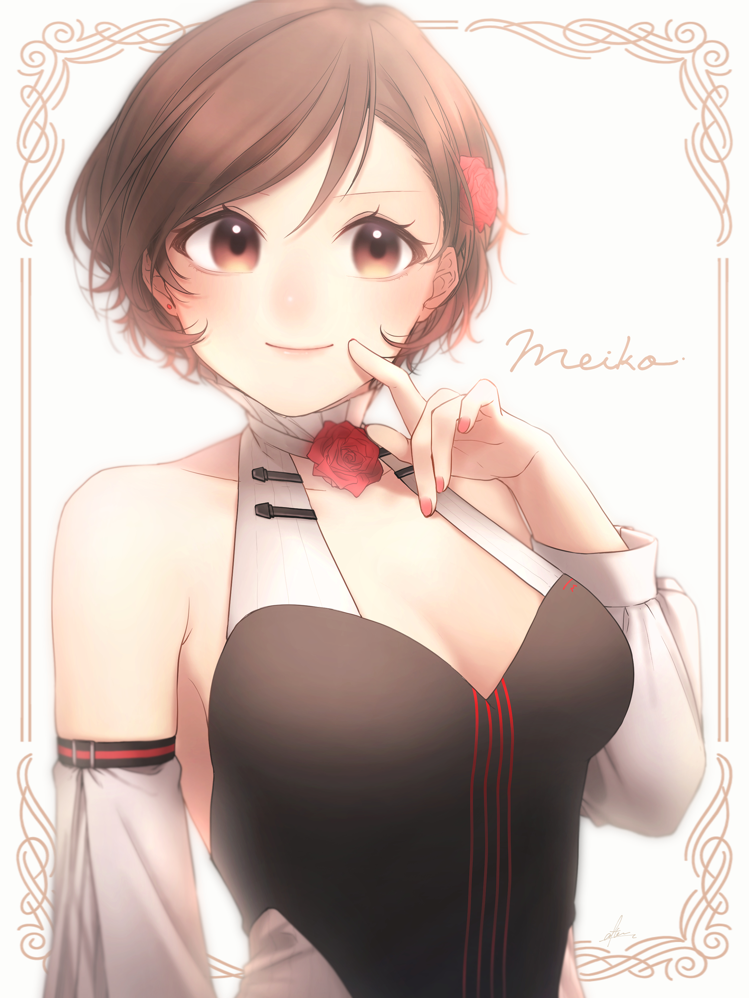 after0217, meiko (vocaloid), miku symphony (vocaloid), vocaloid, absurdres, commentary request, highres, 1girl, bare shoulders, bow (music), breasts, brown eyes, brown hair, character name, cleavage, closed mouth, collarbone, detached sleeves, dress, flower, high collar, jewelry, large breasts, long sleeves, looking at viewer, nail polish, pink nails, red flower, red rose, rose, short hair, sleeveless, sleeveless dress, smile, solo, upper body, white sleeves