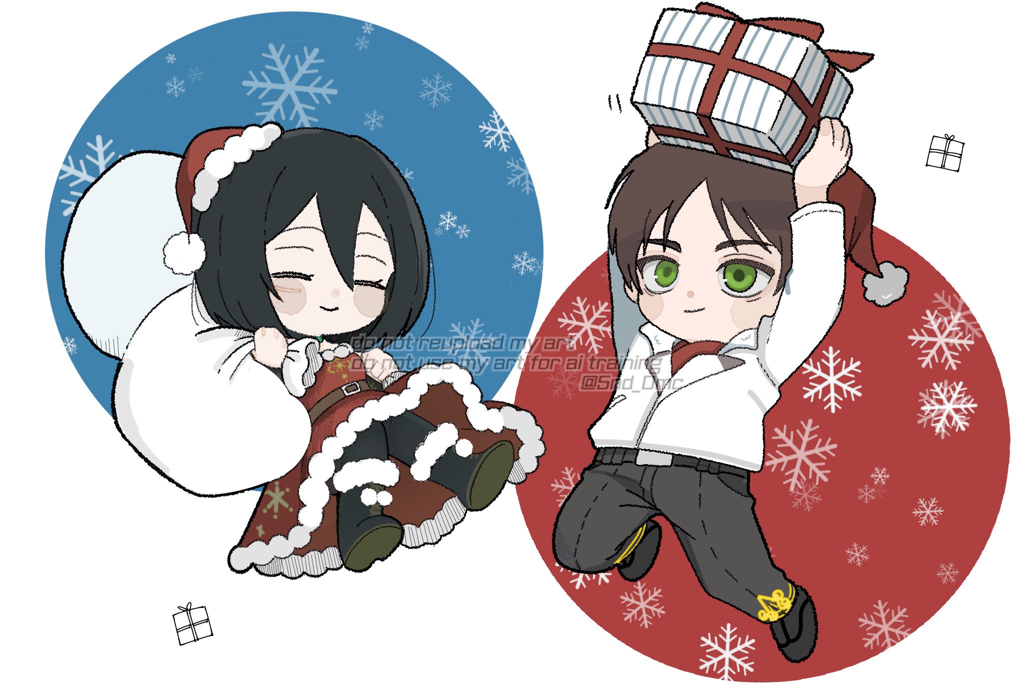 5nd 0mc, eren yeager, mikasa ackerman, shingeki no kyojin, commentary request, highres, 1boy, 1girl, black boots, black hair, black pantyhose, boots, border, box, brown hair, chibi, chibi only, christmas, christmas present, closed eyes, dress, facial scar, gift, gift box, green eyes, grey pants, hair between eyes, hat, holding, holding box, holding gift, holding sack, jacket, pants, pantyhose, parted bangs, red hat, sack, santa costume, santa dress, santa hat, scar, scar on cheek, scar on face, short hair, snowflakes, twitter username, white border, white jacket