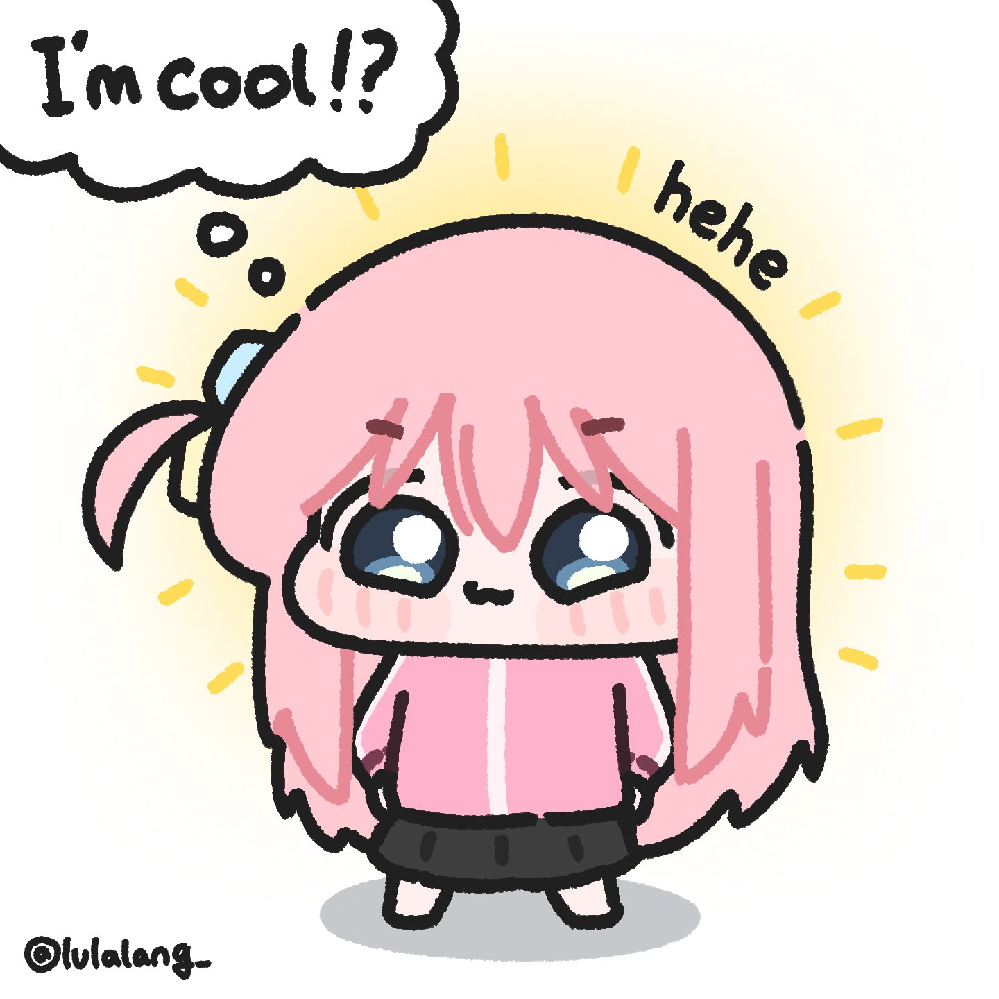 lulalang, gotoh hitori, bocchi the rock!, highres, 1girl, :3, aura, black skirt, blue eyes, chibi, chibi only, closed mouth, english text, full body, jacket, long hair, looking at viewer, one side up, pink hair, pink jacket, skirt, smile, solo, speech bubble, standing, thought bubble, white background