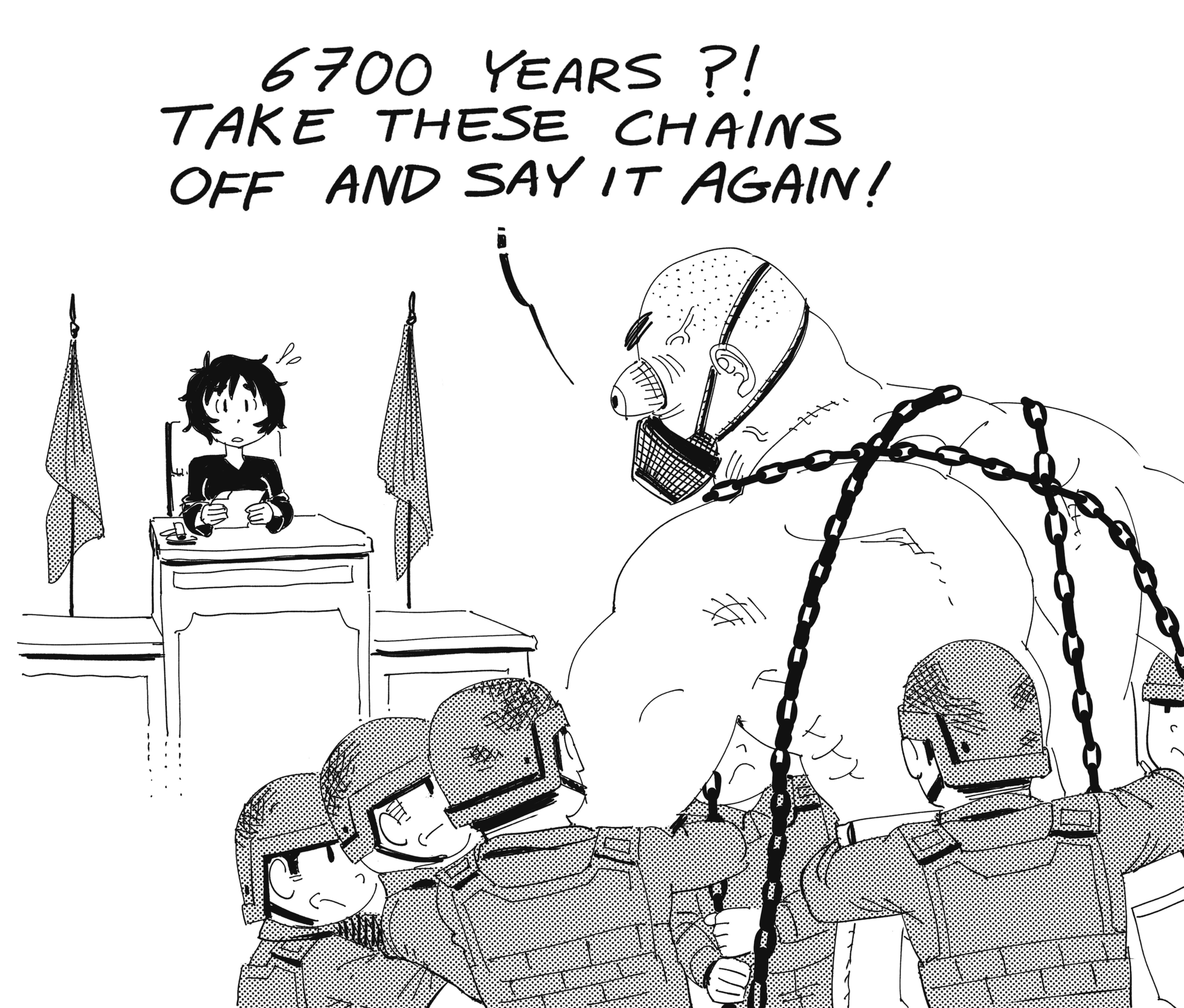 heidi (heytherenrds), original, absurdres, commentary, english commentary, highres, 1girl, 6+boys, ai-generated art (topic), black eyes, black hair, black robe, black shirt, bulletproof vest, chain, english text, flag, greyscale, helmet, judge, monochrome, multiple boys, muzzle (mask), paper, police, robe, scar, scar on back, shirt, t-shirt
