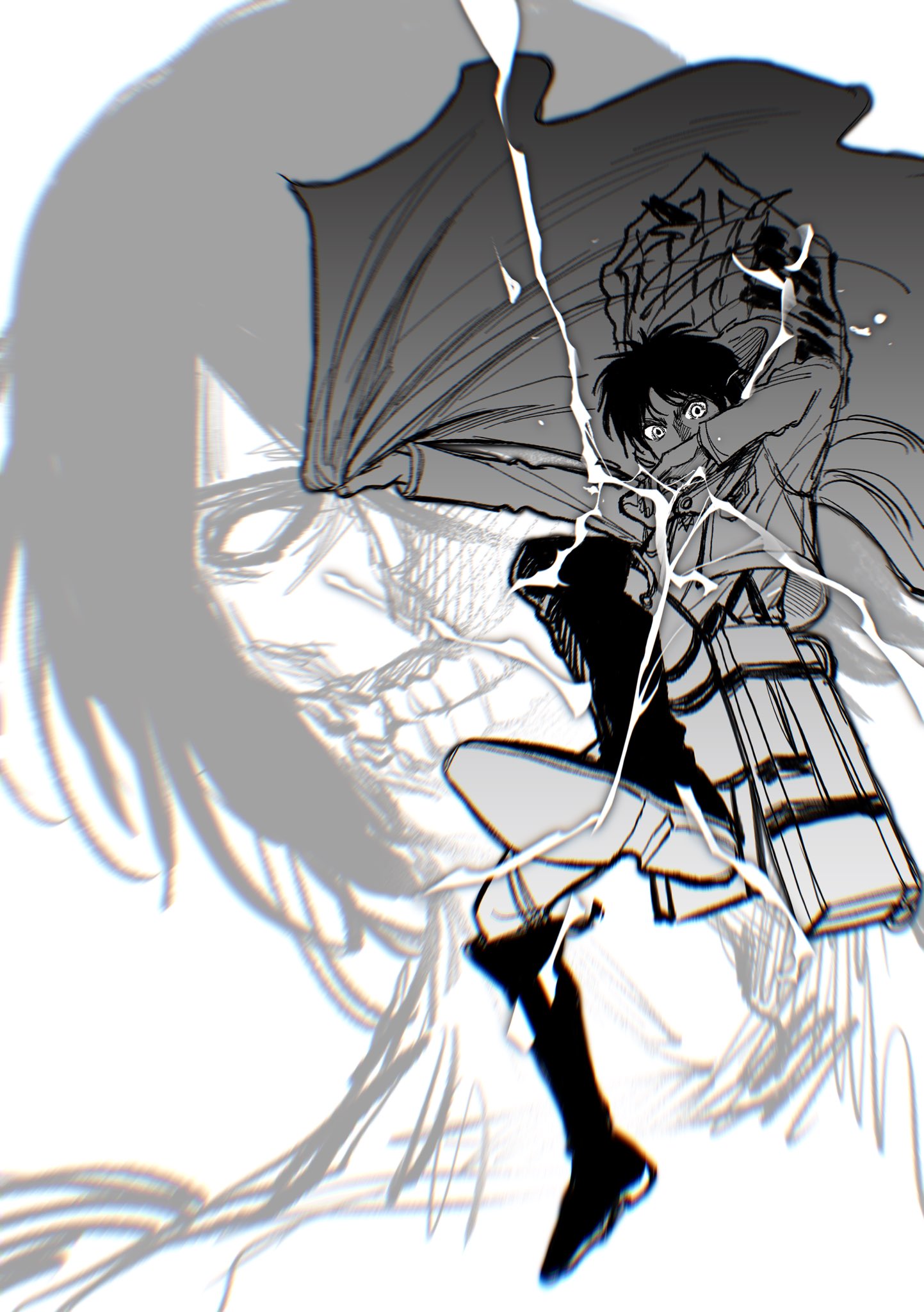 eren yeager, rogue titan, titan (shingeki no kyojin), shingeki no kyojin, hashtag-only commentary, highres, 2boys, black boots, black hair, boots, cropped jacket, dual persona, electricity, full body, greyscale, holding cloak, jacket, male focus, military jacket, monochrome, multiple boys, noroshy328, panties, short hair, survey corps (emblem), teeth, three-dimensional maneuver gear, underwear, white eyes, white panties