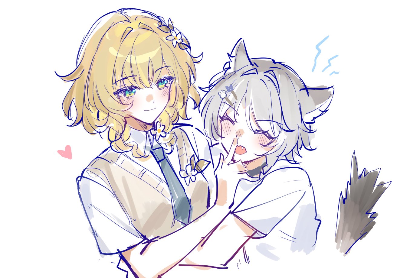 minto sakuratou, aglaea (honkai: star rail), cipher (honkai: star rail), honkai: star rail, honkai (series), hashtag-only commentary, 2girls, animal ears, bare arms, blonde hair, cat ears, cat girl, cat tail, closed eyes, closed mouth, grey hair, heart, hug, looking at another, multiple girls, necktie, open mouth, school uniform, short hair, tail, yuri