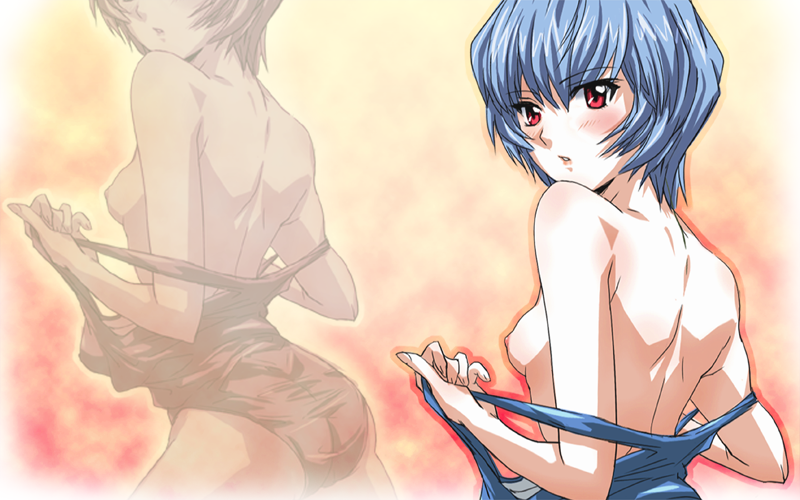 makisige, ayanami rei, neon genesis evangelion, 1girl, blue hair, blush, breasts, female focus, nipples, red eyes, short hair, small breasts, solo, swimsuit, undressing, zoom layer