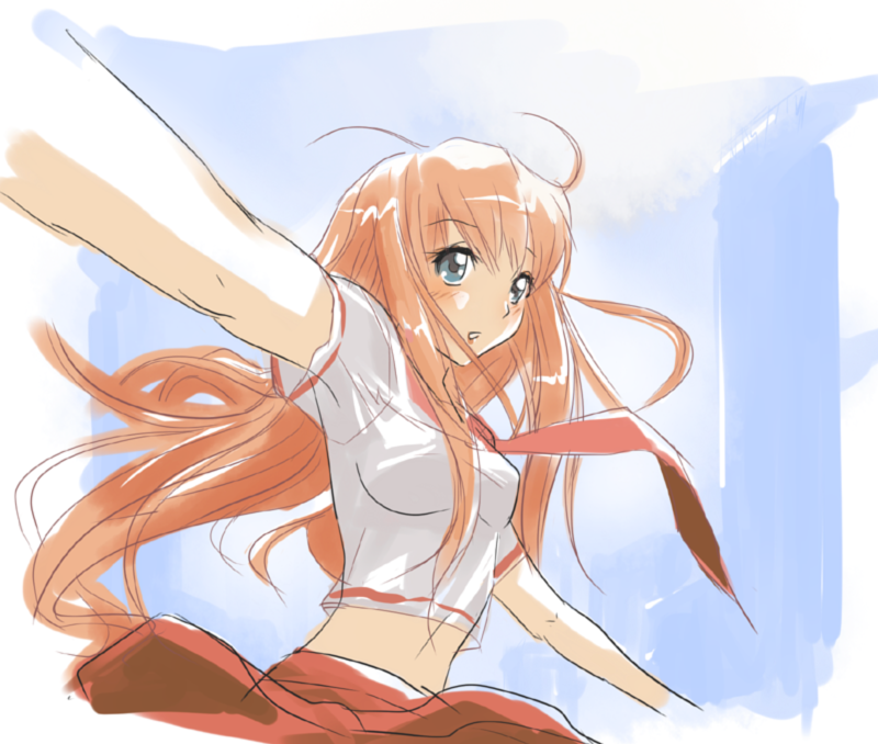 makisige, blonde hair, blue eyes, grey eyes, long hair, midriff, necktie, orange hair, school uniform, sketch, skirt, solo