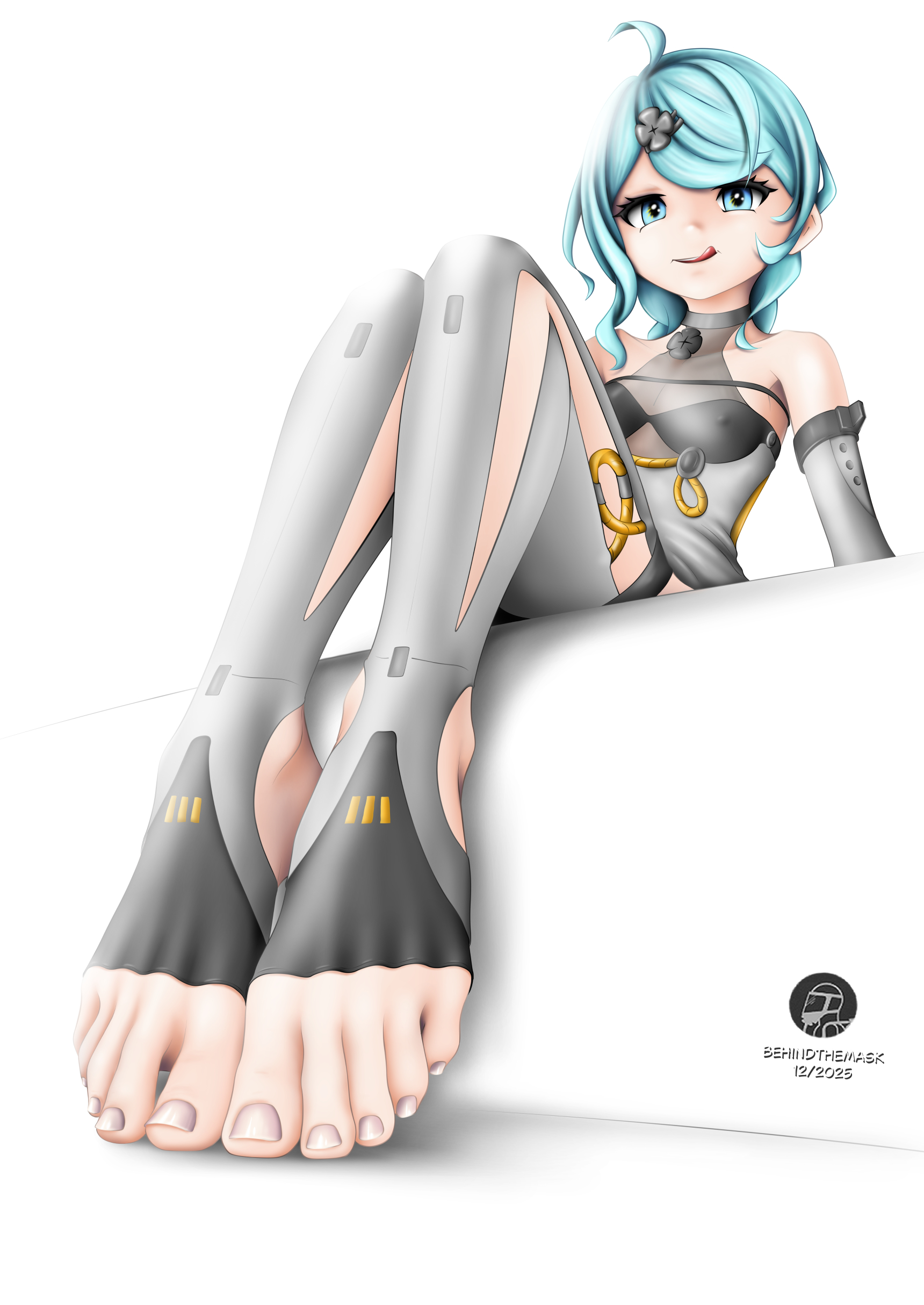 behindthemask, seed (zenless zone zero), zenless zone zero, highres, 1girl, barefoot, blue eyes, blue hair, covered erect nipples, feet, licking lips, long hair, looking at viewer, stirrup legwear, toeless legwear, toes, tongue, tongue out