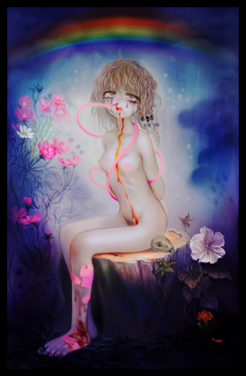 yukaman, highres, bandages, blonde hair, blood, catheter, cloud, flower, guro, nude, pubic hair, rainbow, skull, tears