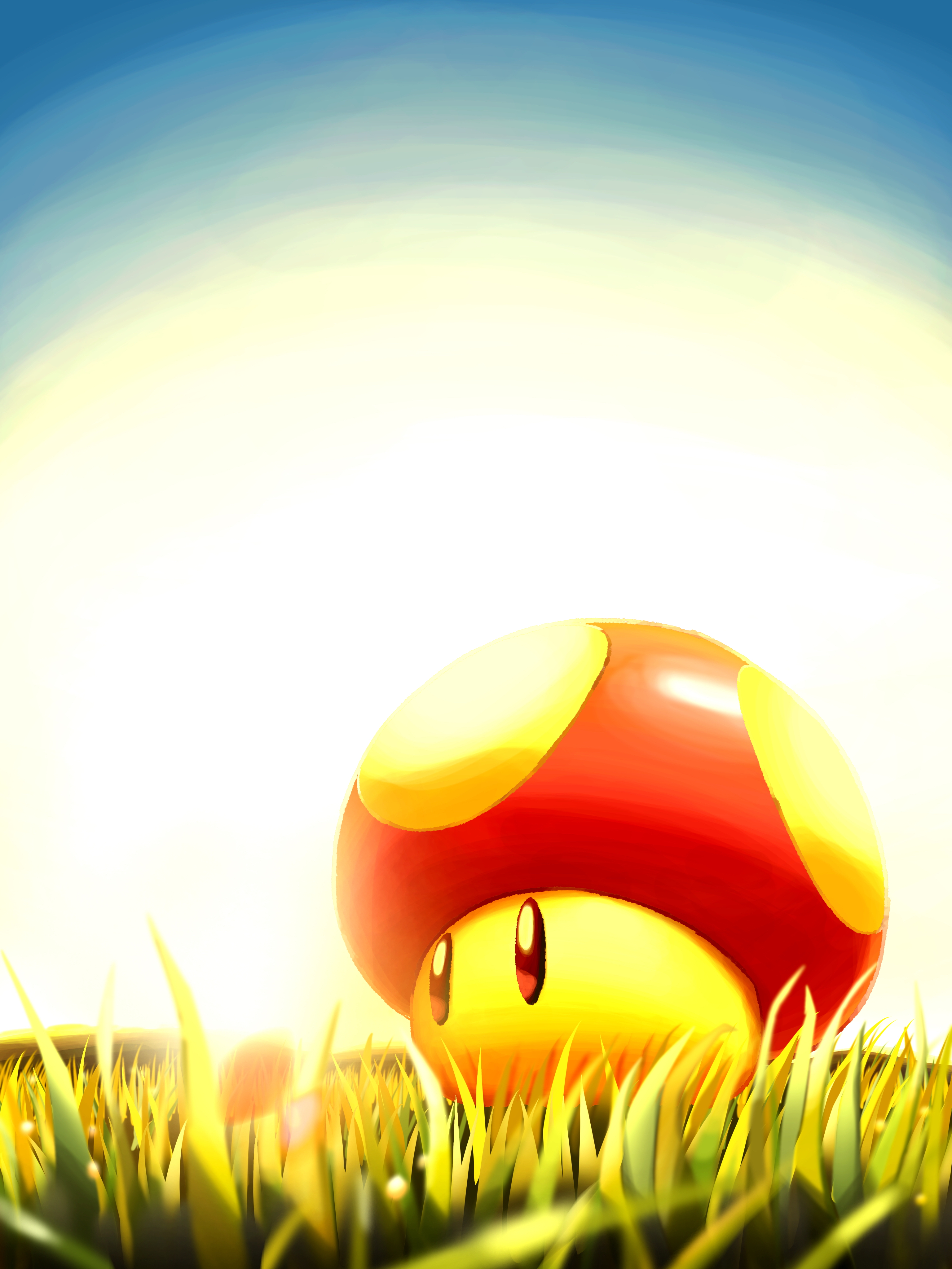maribou (supermaribou), mario (series), nintendo, absurdres, commentary request, highres, blue sky, day, grass, no humans, outdoors, sky, super mushroom
