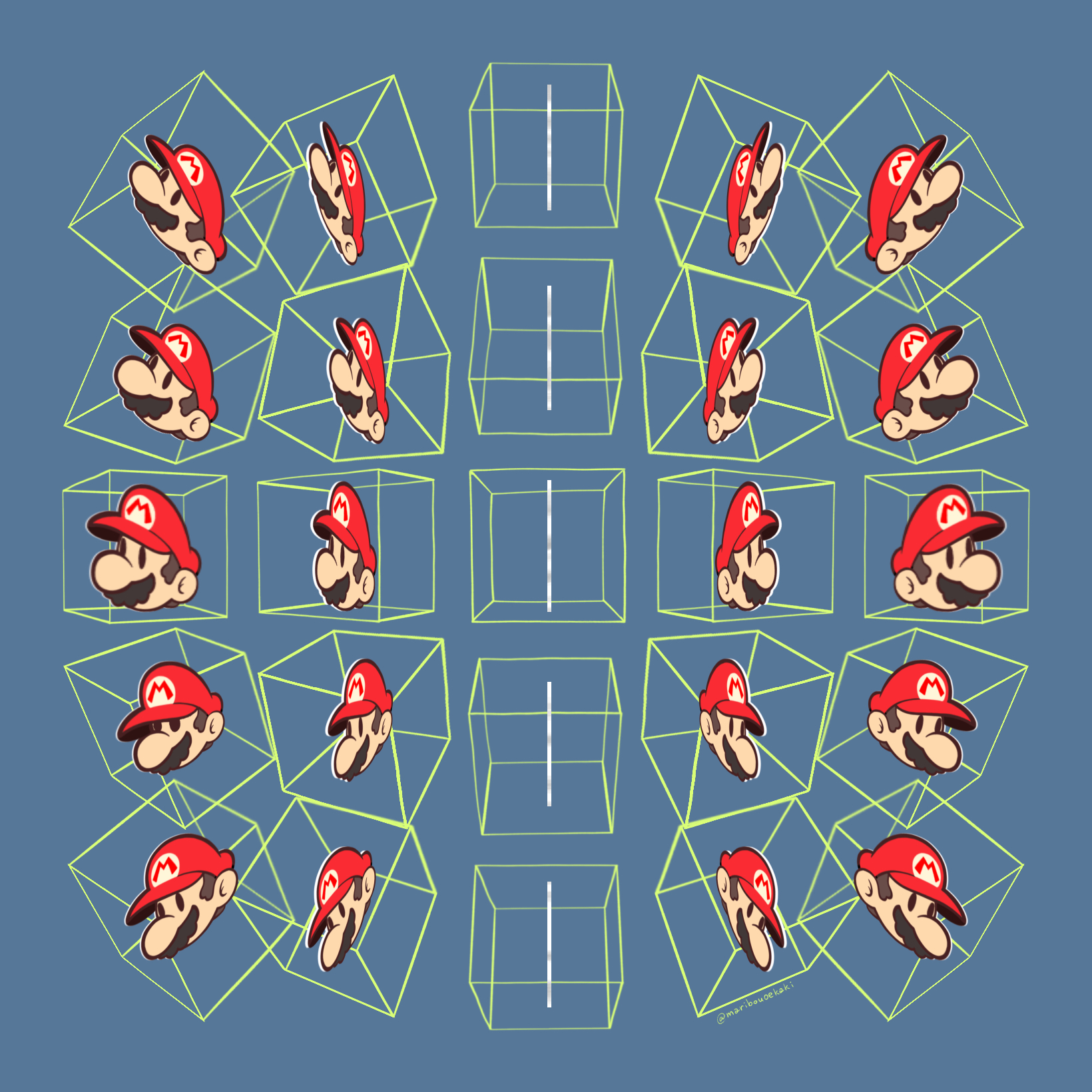 maribou (supermaribou), mario, paper mario (character), mario (series), nintendo, paper mario, commentary request, highres, tagme, 25 perspective box exercise, artist name, blue background, cube, hat, multiple views, perspective, red hat, simple background