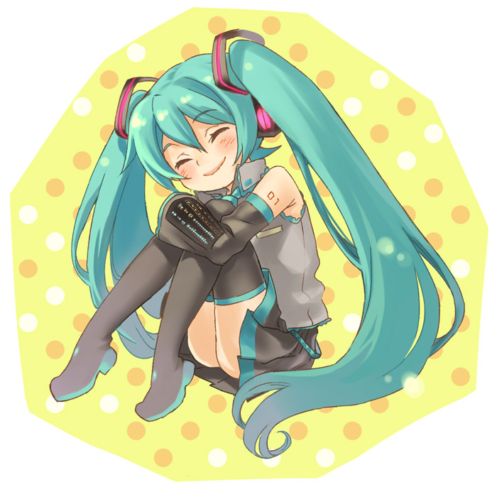 yuuryuu nagare, hatsune miku, vocaloid, closed eyes, detached sleeves, long hair, skirt, solo, thighhighs, twintails, very long hair