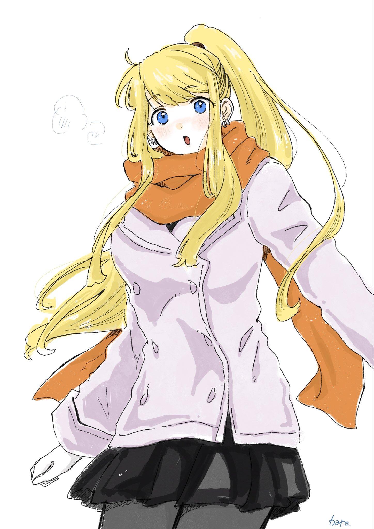 hare87073434281, winry rockbell, fullmetal alchemist, commentary request, highres, 1girl, artist name, black skirt, blonde hair, blue eyes, breasts, coat, cowboy shot, earrings, gloves, grey pantyhose, jewelry, light blush, long hair, medium breasts, orange scarf, pantyhose, parted lips, pleated skirt, ponytail, scarf, sidelocks, skirt, solo, white background, white coat, white gloves, winter clothes