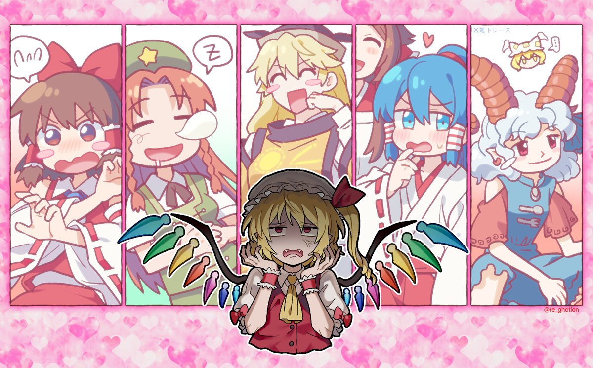 re ghotion, flandre scarlet, gensokyo's first hakurei miko, hakurei reimu, hong meiling, matara okina, miyadeguchi mizuchi, miyadeguchi mizuchi (human), toutetsu yuuma, yakumo ran, touhou, unfinished dream of all living ghost, commentary request, translation request, …, 6+girls, :d, anger vein, artist name, ascot, black hat, blonde hair, blue ascot, blue dress, blue eyes, blue hair, blue ribbon, blush, bow, braid, brown hair, buttons, collar, collarbone, collared shirt, column lineup, crystal wings, cuffs, detached sleeves, disgust, dress, earrings, embarrassed, fangs, finger to mouth, flying sweatdrops, frilled hair tubes, frilled wrist cuffs, frills, gloves, goat horns, green eyes, green hat, green vest, hair ornament, hair ribbon, hair tubes, hands up, hat, hat ornament, heart, heart background, holding, horn ornament, horn ribbon, horns, jewelry, long hair, medium hair, mob cap, multicolored wings, multiple girls, nontraditional miko, nose blush, nose bubble, open mouth, orange eyes, orange tabard, pink background, ponytail, puffy short sleeves, puffy sleeves, rectangular mouth, red bow, red eyes, red hair, red ribbon, red shirt, red vest, ribbon, ribbon-trimmed collar, ribbon trim, shirt, short sleeves, sideways glance, skull hair ornament, sleeping, smile, spoken ellipsis, spoken flying sweatdrops, spoken zzz, squatting, star (symbol), star hat ornament, sweatdrop, tabard, twin braids, twitter username, vest, white collar, white gloves, white hat, white shirt, wings, wrist cuffs, yellow ascot, zzz