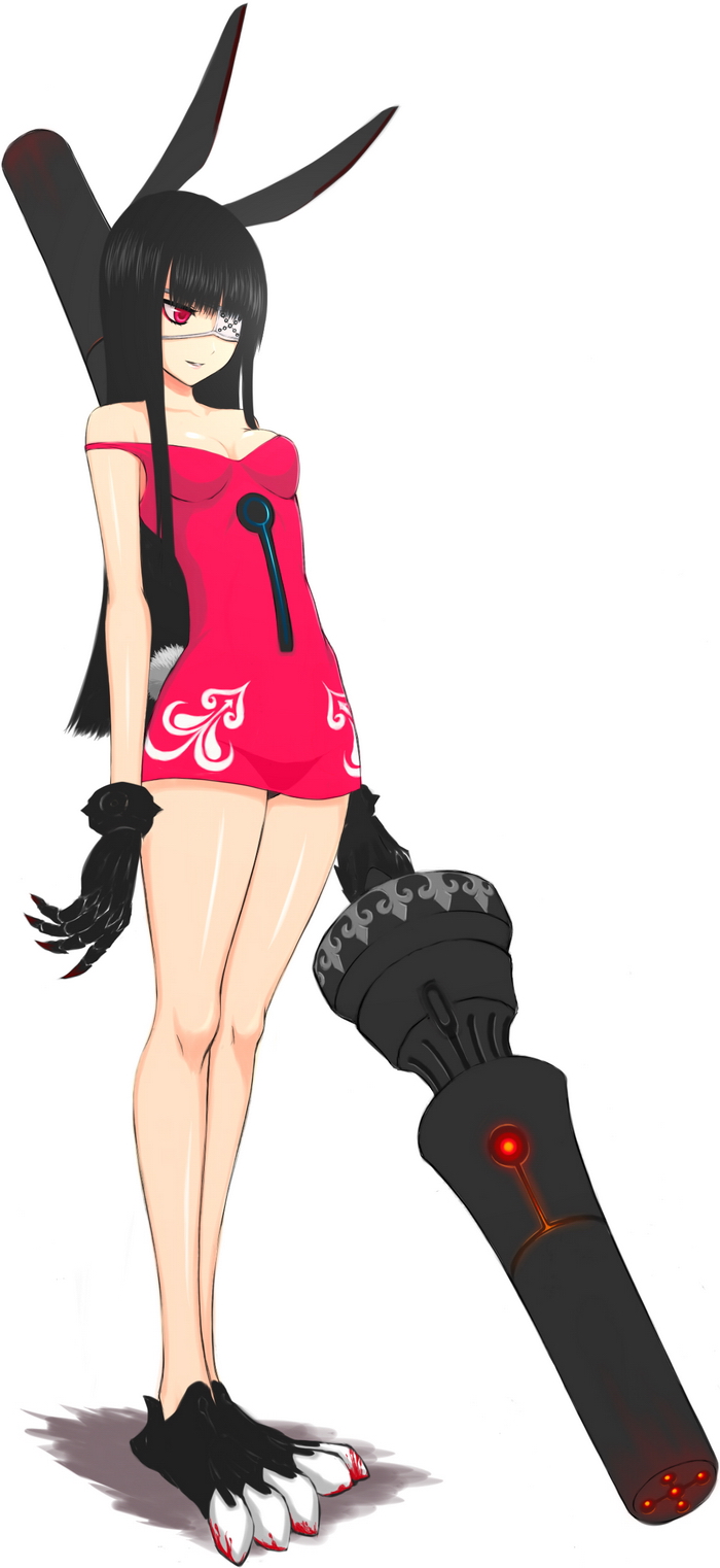 lang (chikage36), original, bad id, bad pixiv id, highres, 1girl, animal ears, black hair, dress, eyepatch, female focus, legs, long hair, rabbit ears, rabbit tail, red eyes, simple background, solo, strap slip, tail, white background