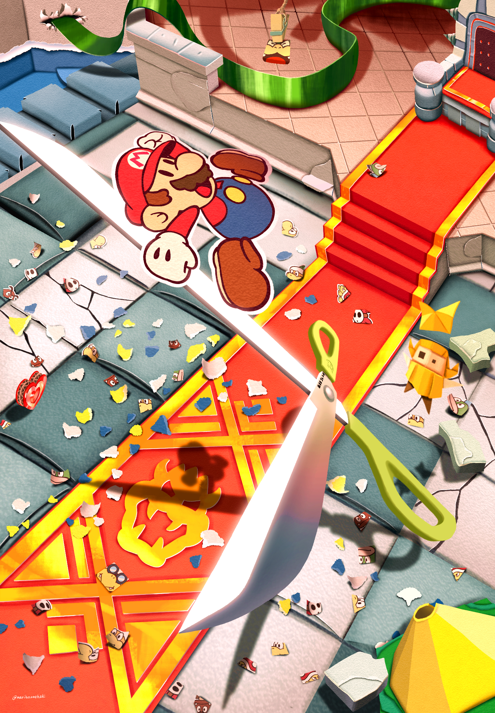 maribou (supermaribou), bowser, goomba, hammer bro, kamek, koopa troopa, mario, olivia (paper mario), paper mario (character), scissors (paper mario), shy guy, spike (mario), spiny, mario (series), nintendo, paper mario, paper mario: the origami king, commentary, english commentary, highres, 1boy, artist name, blue overalls, boots, bowser logo, brown boots, facial hair, gloves, hat, jumping, mustache, overalls, paper, red hat, red shirt, scissors, shirt, shoes, solid oval eyes, twitter username, white gloves