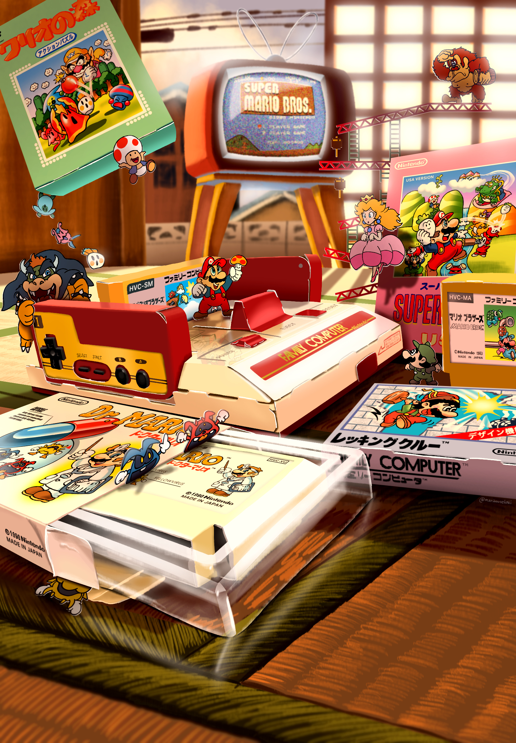 maribou (supermaribou), birdo, bowser, chill (dr. mario), donkey kong, dr. mario, fever (dr. mario), lakitu, luigi, mario, princess peach, shellcreeper, shy guy, toad (mario), virus (dr. mario), wario, wart (mario), weird (dr. mario), donkey kong (1981 game), donkey kong (series), dr. mario (game), mario (series), mario bros., nintendo, super mario bros. 1, super mario bros. 2, super mario bros. 3, wario's woods, wrecking crew, bilingual commentary, commentary, english commentary, highres, mixed-language commentary, 1girl, 5boys, animal, armlet, artist name, barrel, black cape, black eyes, black hair, black shirt, black shoes, blonde hair, blue eyes, blue shirt, blue vest, bracelet, brown hair, brown shoes, buck teeth, cape, closed mouth, company connection, controller, crt, dial television, dress, elbow gloves, facial hair, famicom, famicom cartridge, fuzz (wario's woods), game cartridge, game console, game controller, gloves, gorilla, green hat, green overalls, hammer, hat, holding, holding barrel, holding mushroom, horns, indoors, jewelry, ladder, long dress, long hair, mini person, miniboy, minigirl, mismatched eyebrows, multiple boys, mushroom, mustache, newsboy cap, nipples, open clothes, open mouth, open vest, orange hair, overalls, pants, pink dress, pink shoes, rabbit ears antenna, radio antenna, red hat, red overalls, reflection, shirt, shoes, short hair, shouji, sliding doors, smile, spiked armlet, spiked bracelet, spikes, spud (wario's woods), squeak (wario's woods), super mushroom, teeth, television, tongue, tongue out, twitter username, vest, video game, white gloves, white pants, yellow eyes