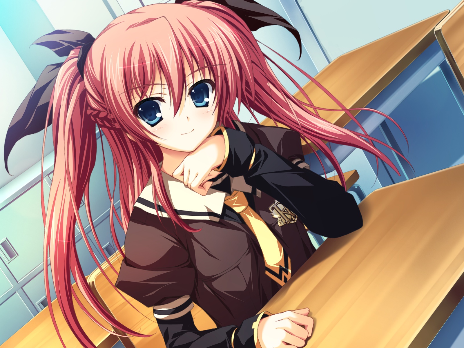 tomose shunsaku, nikaidou reika, akatsuki no goei, highres, blue eyes, bow, hair bow, red hair, school uniform, smile, solo, twintails, two side up