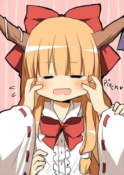 kurot, hakurei reimu, ibuki suika, touhou, 1girl, blonde hair, blush, bow, cheek pinching, female focus, horns, long hair, orange hair, pinching, pov, solo focus, tears