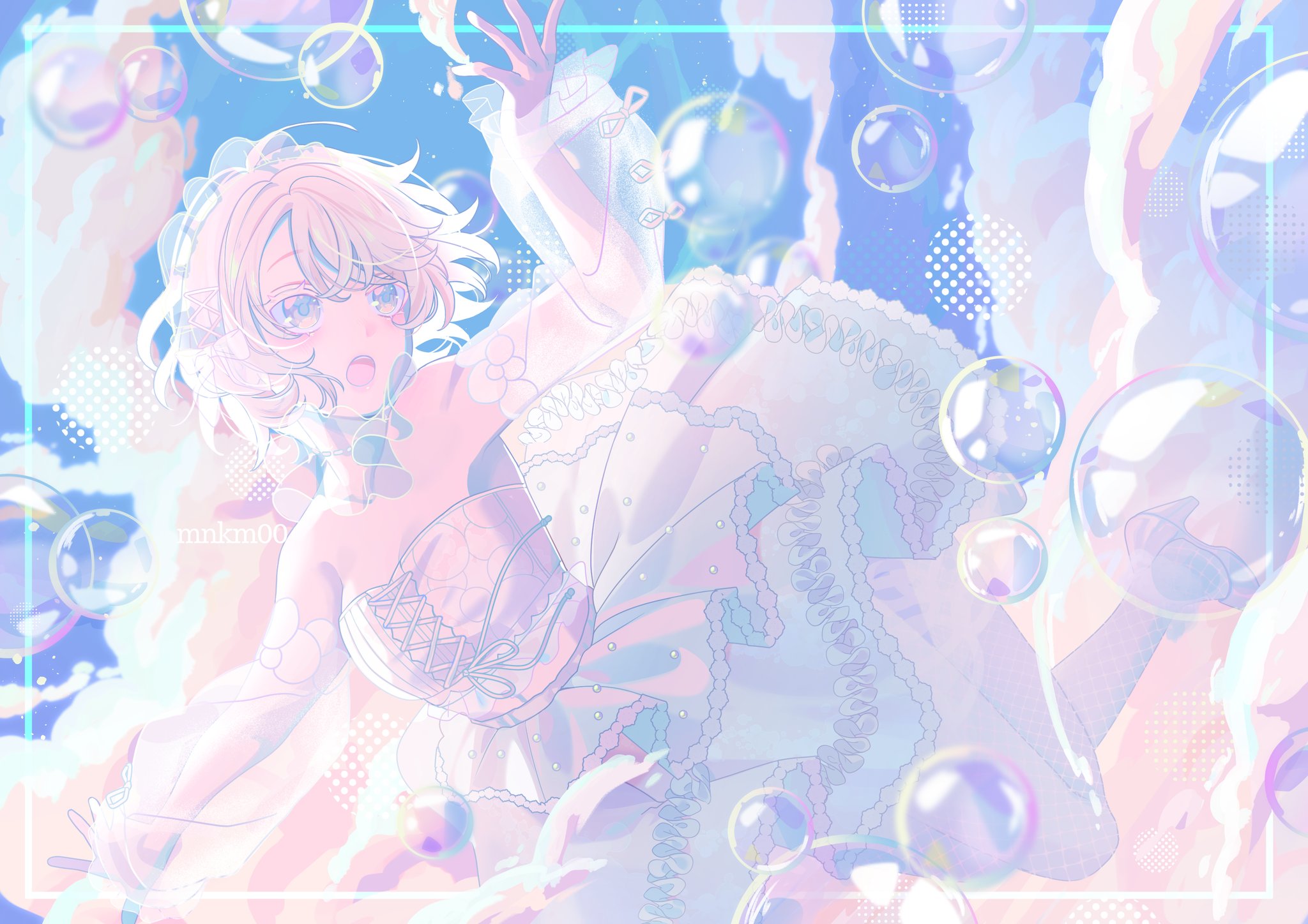 original, check copyright, commentary, copyright request, english commentary, highres, 1girl, arm up, bare shoulders, blue eyes, blue sky, breasts, bubble, choker, circle skirt, cleavage, cloud, colored eyelashes, cross-laced clothes, cross-laced dress, day, detached sleeves, dot nose, dress, dress ribbon, fishnet pantyhose, fishnets, floating clothes, flying, foot out of frame, frilled choker, frilled dress, frilled hairband, frilled sleeves, frills, hair between eyes, hairband, halftone, hand up, high heels, long sleeves, looking at hand, medium dress, open mouth, outdoors, pantyhose, pleated dress, puffy long sleeves, puffy sleeves, reean, ribbon, see-through choker, see-through clothes, see-through sleeves, shoes, short hair, sky, sleeve ribbon, sleeves past wrists, solo, stiletto heels, strapless, strapless dress, white choker, white dress, white hair, white hairband, white pantyhose, white ribbon, white shoes, white sleeves