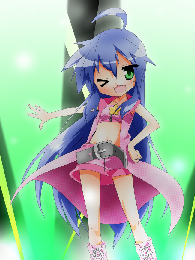 takeya yuuki, izumi konata, lucky star, 00s, 1girl, ahoge, belt, blue hair, female focus, green eyes, long hair, mole, mole under eye, one eye closed, skirt, solo, wink