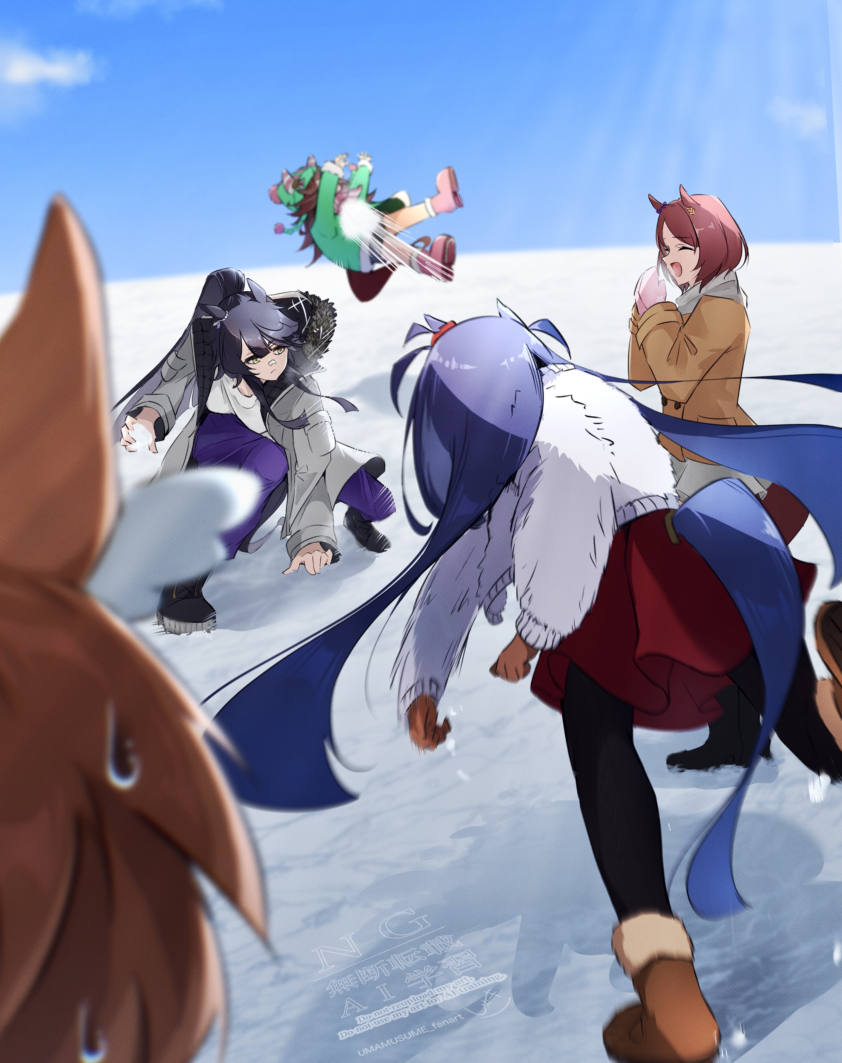 naegi happy, biko pegasus (umamusume), hishi amazon (umamusume), narita brian (umamusume), sakura laurel (umamusume), samson big (umamusume), umamusume, absurdres, commentary request, highres, 5girls, animal ears, bandaid, bandaid on face, bandaid on nose, beanie, black boots, black hair, black leggings, blue sky, boots, brown boots, brown coat, brown hair, closed eyes, closed mouth, coat, dark-skinned female, dark skin, ear scrunchie, ears through headwear, fur coat, green coat, hair between eyes, hair ornament, hat, holding, holding snowball, horse ears, horse girl, horse tail, leggings, long hair, long sleeves, mittens, multiple girls, open clothes, open coat, open mouth, outdoors, pants, pink boots, pink mittens, pom pom (clothes), pom pom beanie, ponytail, purple pants, red scrunchie, red skirt, scarf, scrunchie, shirt, short hair, skirt, sky, smile, snowball, snowball fight, striped clothes, striped scrunchie, sweatdrop, tail, throwing, tripping, very long hair, white coat, white scarf, white shirt, winter clothes, winter coat, yellow eyes