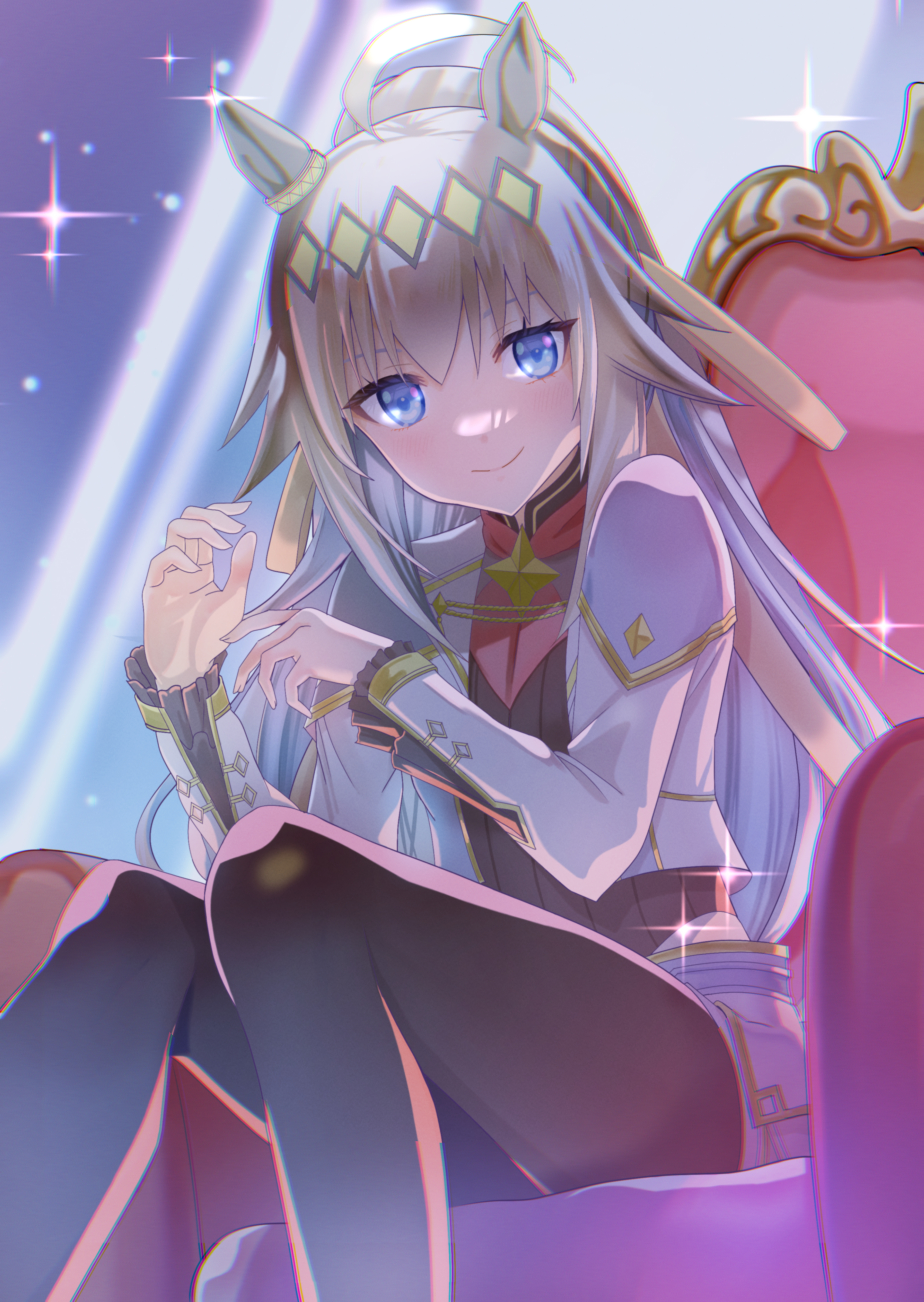 0niq, oguri cap (umamusume), umamusume, umamusume: cinderella gray, absurdres, commentary request, highres, 1girl, ahoge, animal ears, blue eyes, blush, brooch, closed mouth, cropped jacket, ear ornament, grey hair, grey leotard, grey tail, hair between eyes, hair ornament, hair ribbon, hairband, horse ears, horse girl, horse tail, jacket, jewelry, leotard, long hair, long sleeves, looking at viewer, multicolored hair, neckerchief, oguri cap (cinderella gray) (umamusume), ponytail, red neckerchief, ribbon, shirt, shorts, sitting, sitting on throne, smile, solo, sparkle, star brooch, tail, throne, white jacket, white shorts