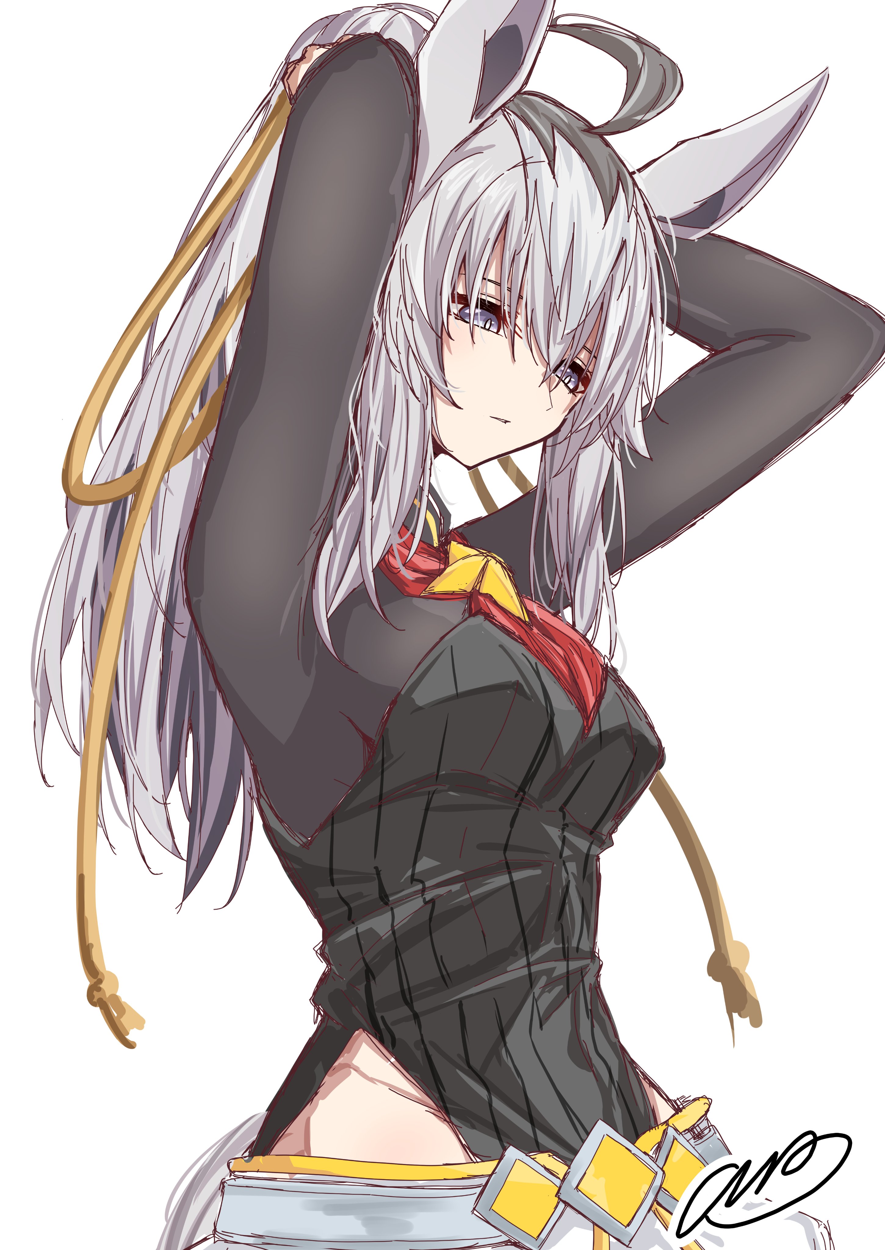 amaxa, oguri cap (umamusume), umamusume, umamusume: cinderella gray, absurdres, commentary request, highres, 1girl, ahoge, animal ears, arms behind back, black shirt, blue eyes, breasts, brooch, clothing cutout, grey hair, grey leotard, grey tail, hair between eyes, hair ribbon, hip vent, horse ears, horse girl, horse tail, jewelry, leotard, long hair, long sleeves, neckerchief, oguri cap (cinderella gray) (umamusume), ponytail, red neckerchief, ribbon, shirt, shorts, simple background, solo, star brooch, tail, tying hair, upper body, white background