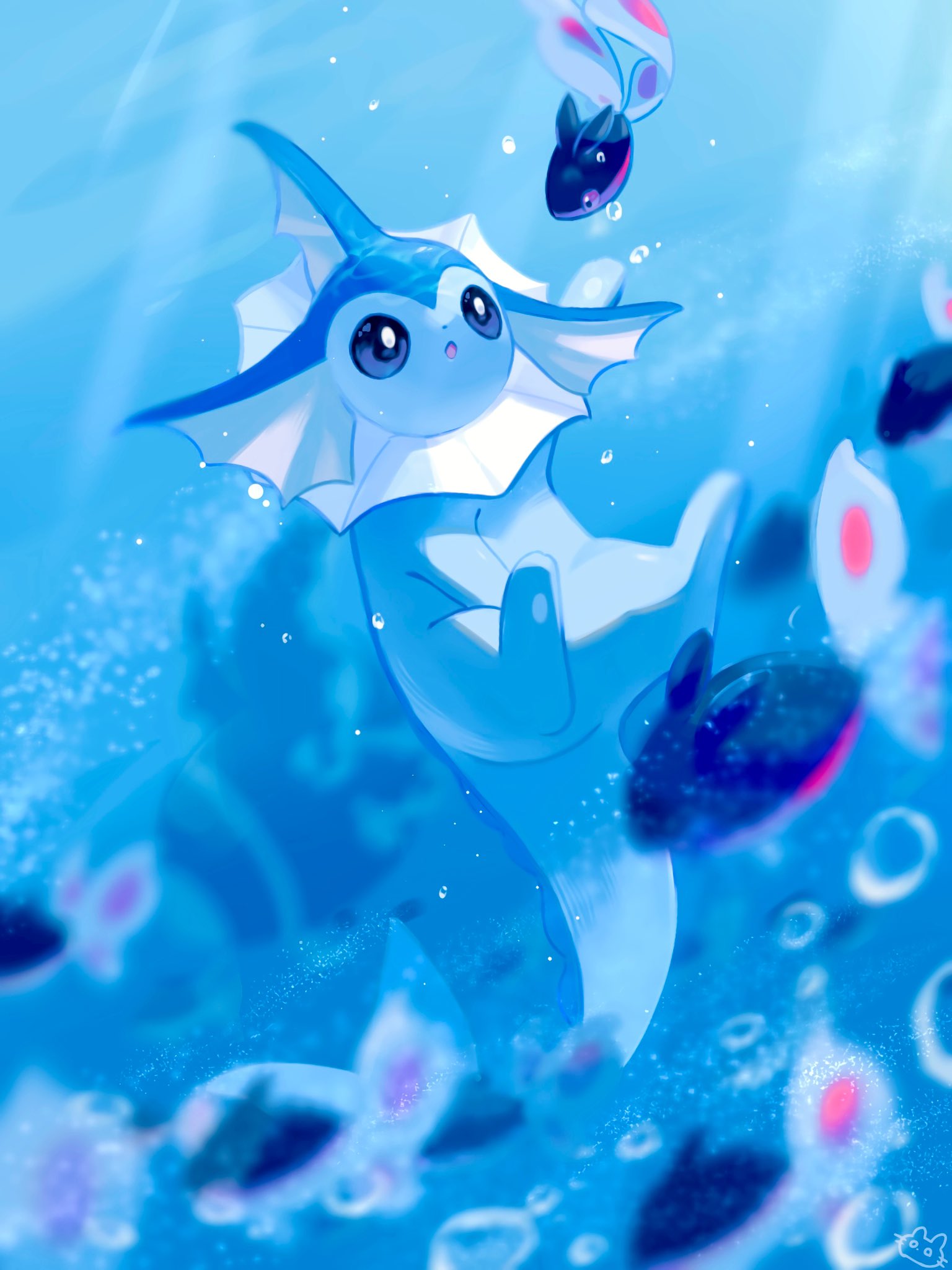 harumomo (@harumomo123456), finneon, lumineon, vaporeon, nintendo, pokemon, commentary request, highres, air bubble, animal focus, blue eyes, blue fur, bubble, cetacean tail, fins, fish, fish tail, forked tail, gen 1 pokemon, gen 4 pokemon, head fins, no humans, open mouth, parted lips, pokemon (creature), pokemon focus, swimming, tail, underwear, water