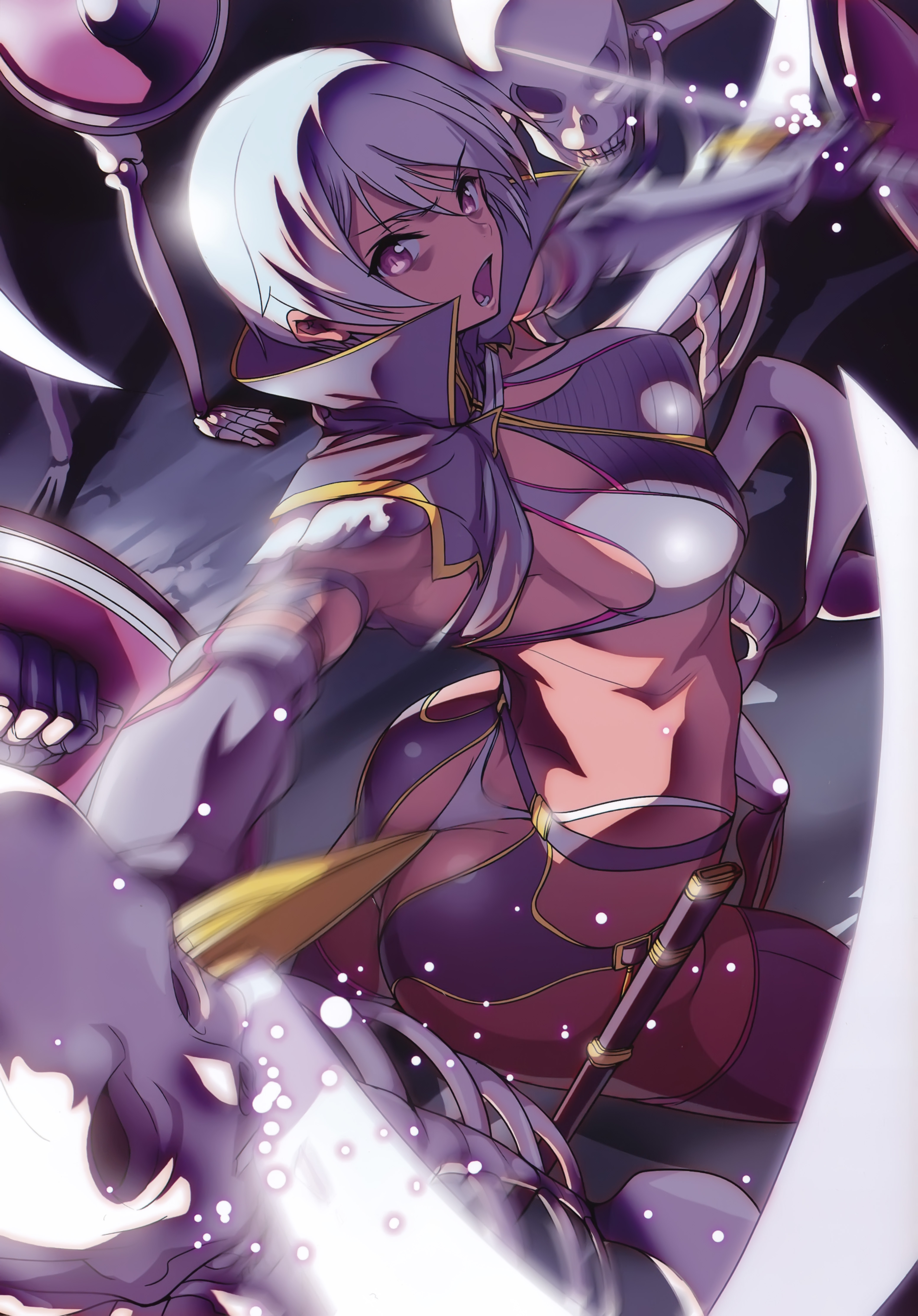 akaga hirotaka, fang assassin irma, irma (queen's blade), queen's blade, absurdres, highres, 00s, 1girl, ass, battle, blue hair, breasts, dark-skinned female, dark skin, female focus, fighting, open mouth, panties, sheath, shield, short hair, sideboob, skeleton, skeletons, solo, sword, sword slash, thighhighs, thong, underwear, weapon