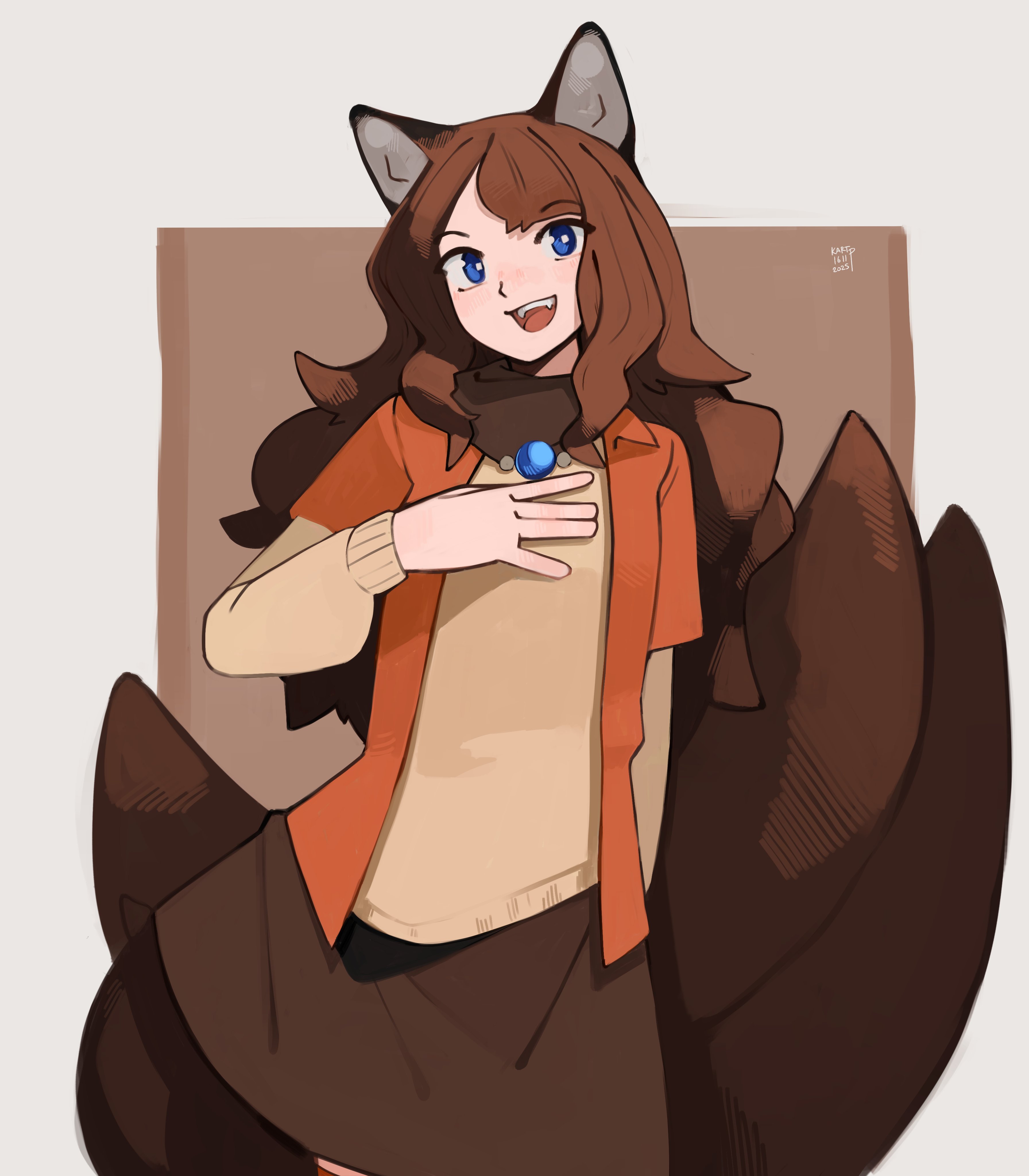 kart prowler, original, absurdres, commentary, highres, 1girl, animal ears, blue eyes, bright pupils, brown hair, brown scarf, brown shirt, brown skirt, dated, eyelashes, fangs, fox ears, fox girl, fox tail, hand on own chest, jacket, kit (kart prowler), long hair, multiple tails, open clothes, open jacket, open mouth, orange jacket, scarf, shirt, signature, skirt, smile, solo, tail, teeth, upper teeth only, white pupils