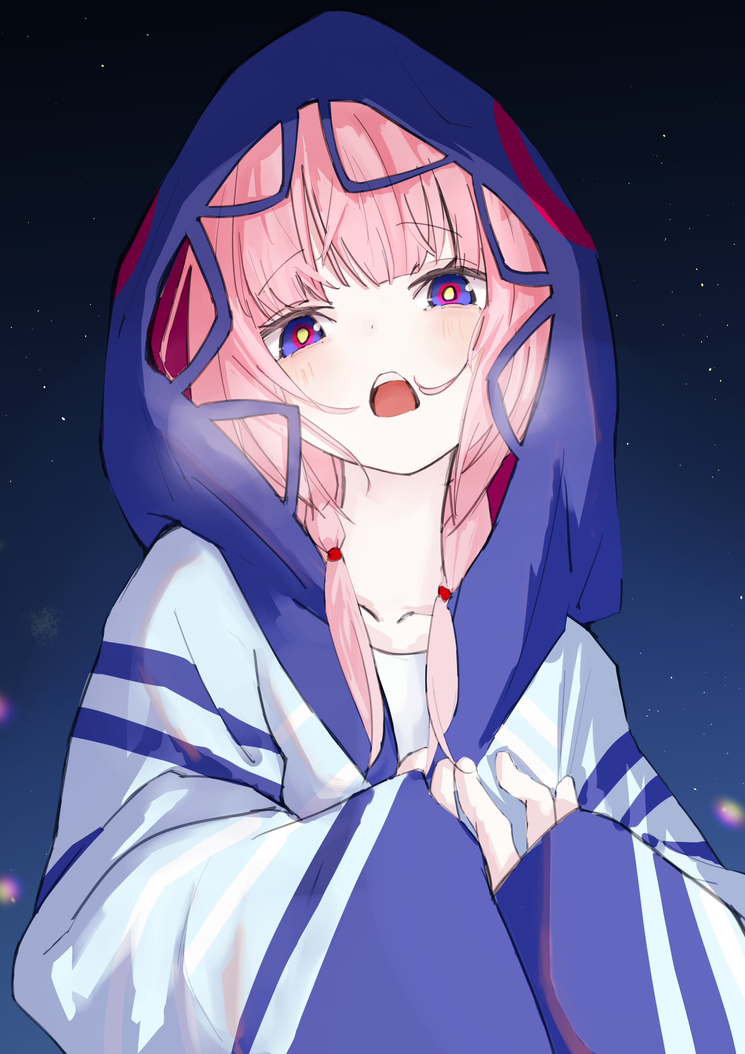 minamo chibame, kaf (kamitsubaki studio), kamitsubaki studio, absurdres, commentary, highres, 1girl, blue hoodie, blush, braid, breath, collarbone, heavy breathing, hood, hood up, hoodie, long hair, long sleeves, looking at viewer, night, open mouth, pink hair, pink pupils, purple eyes, solo, teeth, twin braids, twintails, upper teeth only, virtual youtuber, yellow pupils
