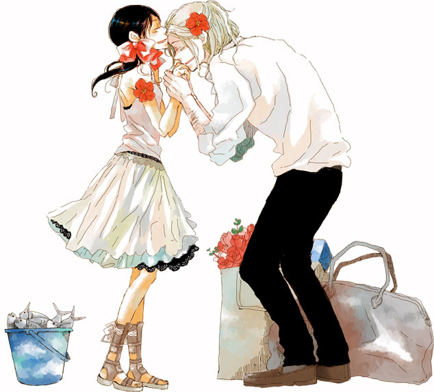 namahamuro-su, france (hetalia), seychelles (hetalia), axis powers hetalia, 00s, 1boy, 1girl, bag, black hair, blonde hair, couple, dark skin, dress, fish, flower, frills, hair ribbon, height difference, hetero, hibiscus, kiss, kissing hand, ribbon, rose, skirt, smile, twintails