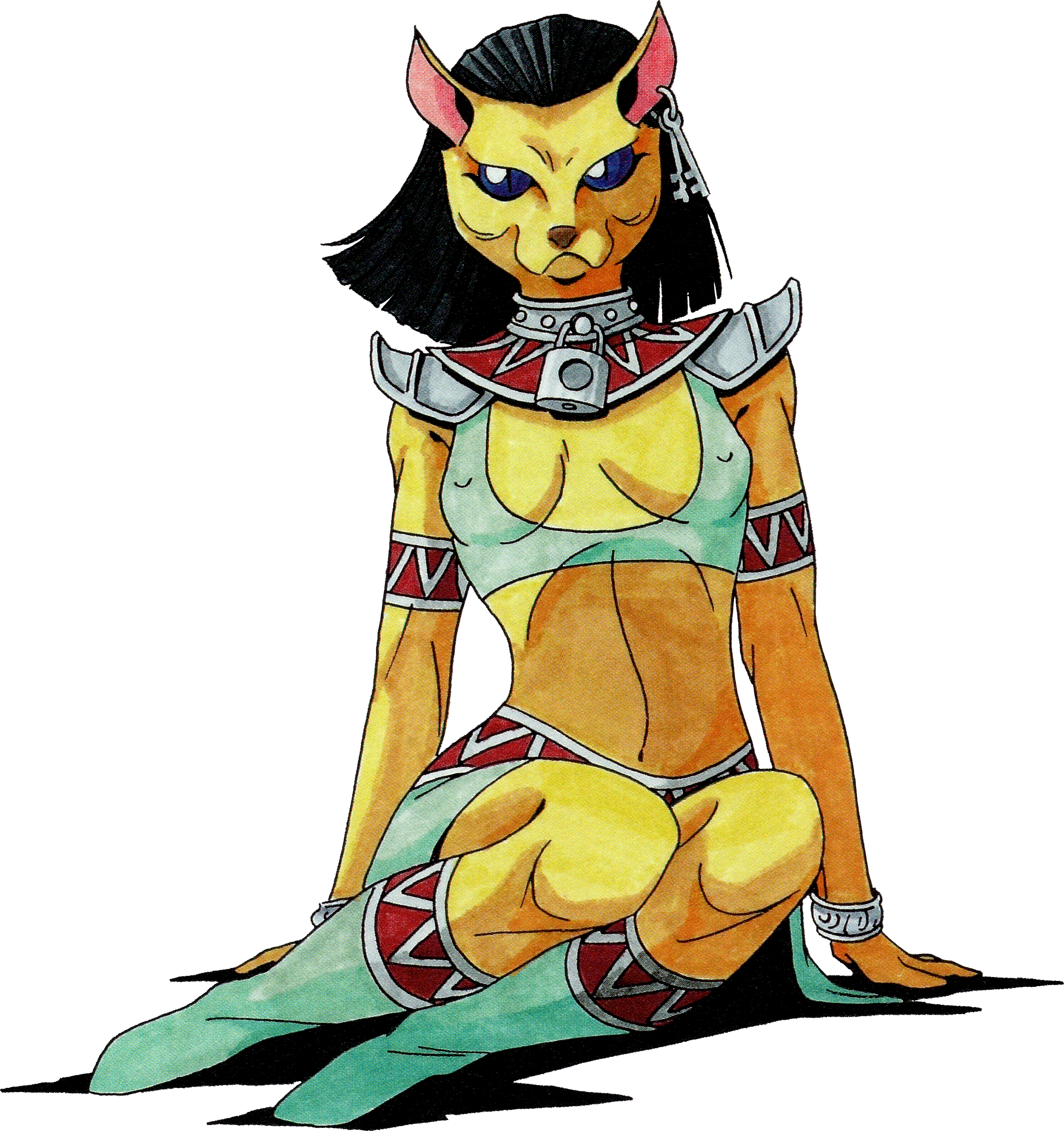 kazuma kaneko, bastet (megami tensei), shin megami tensei, shin megami tensei ii, absurdres, highres, official art, scan, third-party source, 1girl, armlet, black hair, blue eyes, bracelet, breasts, cat girl, colored skin, covered erect nipples, demon (megami tensei), earrings, jewelry, key earrings, lock, padlock, sitting, skirt, slit pupils, solo, transparent background, yellow skin, yokozuwari
