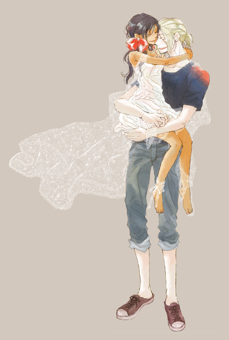 namahamuro-su, france (hetalia), seychelles (hetalia), axis powers hetalia, 00s, 1boy, 1girl, black hair, blonde hair, couple, dark skin, dress, hair ribbon, happy, height difference, hetero, lifting person, ribbon, smile, twintails