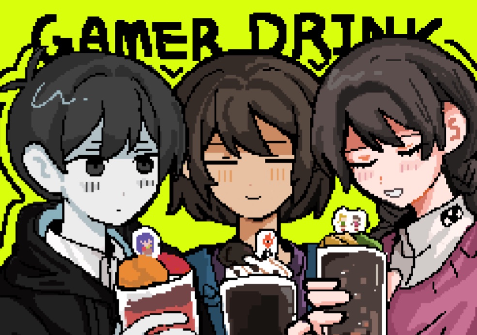 frisk (undertale), grillby, madotsuki, mari (headspace) (omori), mari (omori), omori (omori), poniko, omori, undertale, utdr (toby fox), yume nikki, commentary request, 1boy, 1girl, 1other, alternate costume, antenna hair, black eyes, black hair, black hoodie, blush, braid, brown hair, closed eyes, closed mouth, collared shirt, colored skin, cup, double-parted bangs, drinking glass, english text, green background, hair between eyes, holding, holding cup, hood, hood down, hoodie, long hair, looking at another, low twin braids, matsutsu1105, open mouth, pixel art, red sweater, shirt, short hair, simple background, smile, sweater, twin braids, white shirt, white skin