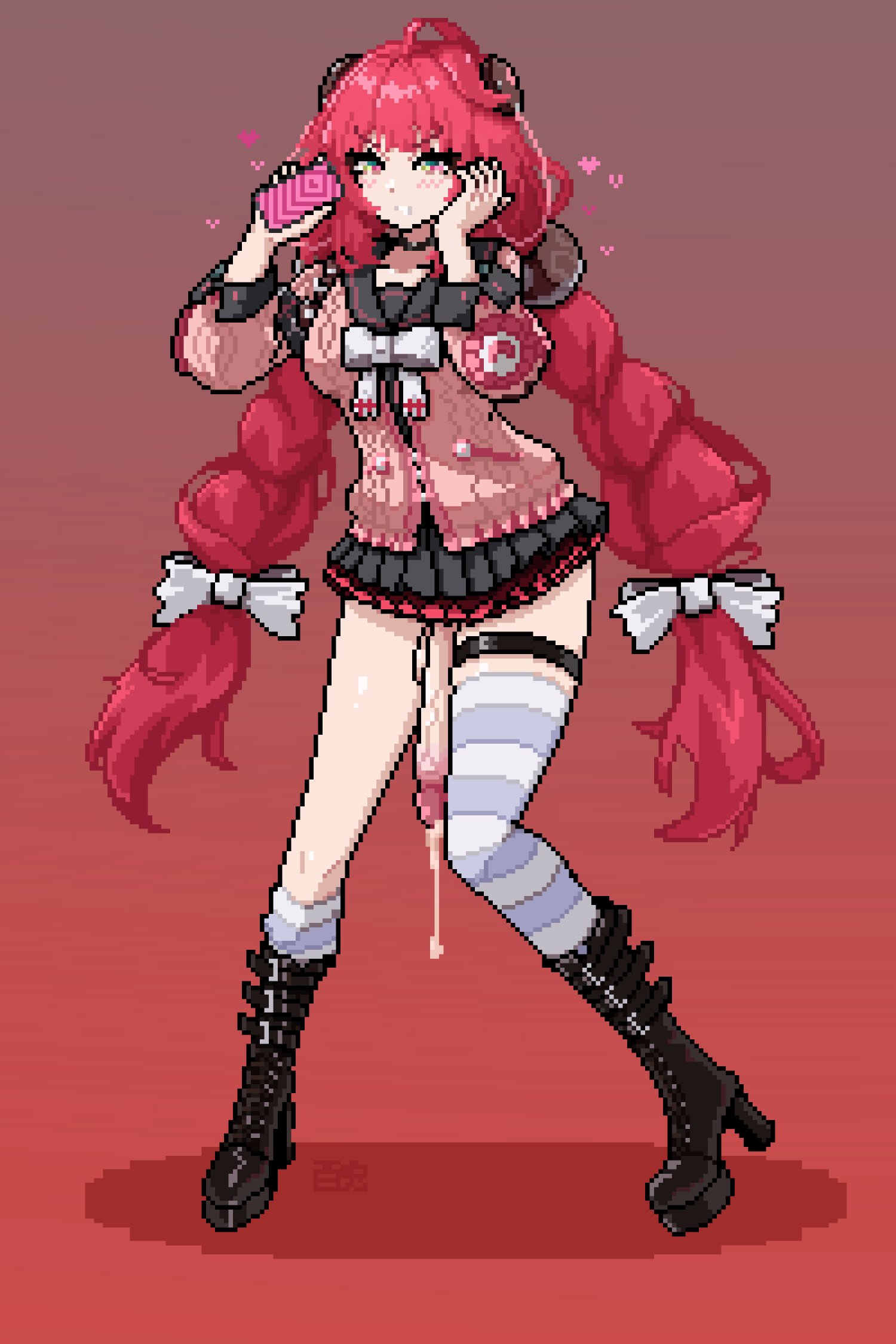 nakirikea, ukinami yuzuha, zenless zone zero, commentary, highres, symbol-only commentary, 1girl, ahoge, black boots, black skirt, boots, cardigan, full body, futanari, green eyes, grin, heart, holding, holding phone, large penis, long hair, long sleeves, looking at viewer, penis, phone, pink cardigan, pixel art, precum, red hair, single thighhigh, skirt, smile, solo, standing, striped clothes, striped thighhighs, thigh strap, thighhighs, twintails, very long hair